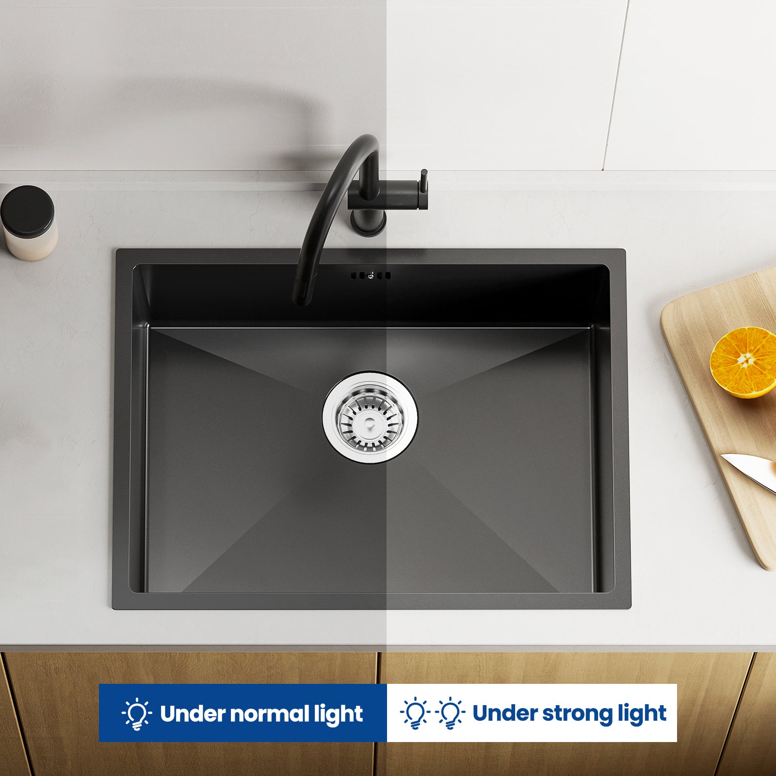 Auralum max Évier de Cuisine 1 Bac 60*44*20CM,Évier 1 Cuve en Acier inoxydable 304,Évier à Encastrer et sous-plan avec Panier de Drainage,Gris-Noir - 7