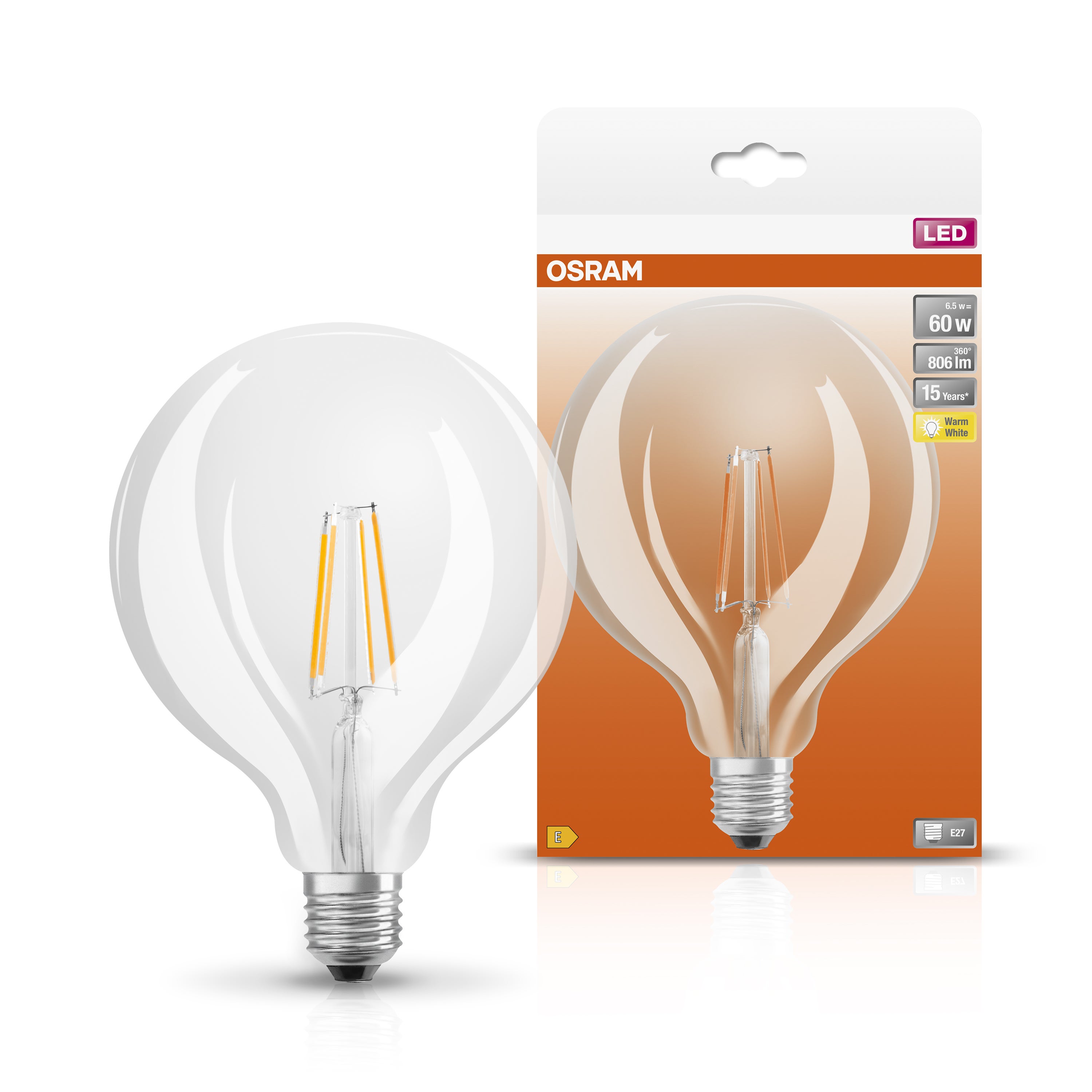OSRAM Ampoule LED - E27 - Warm White - 2700 K - 6,50 W - remplacement pour 60-W-Incandescent bulb - clair - LED Retrofit CLASSIC GLOBE125 - 3
