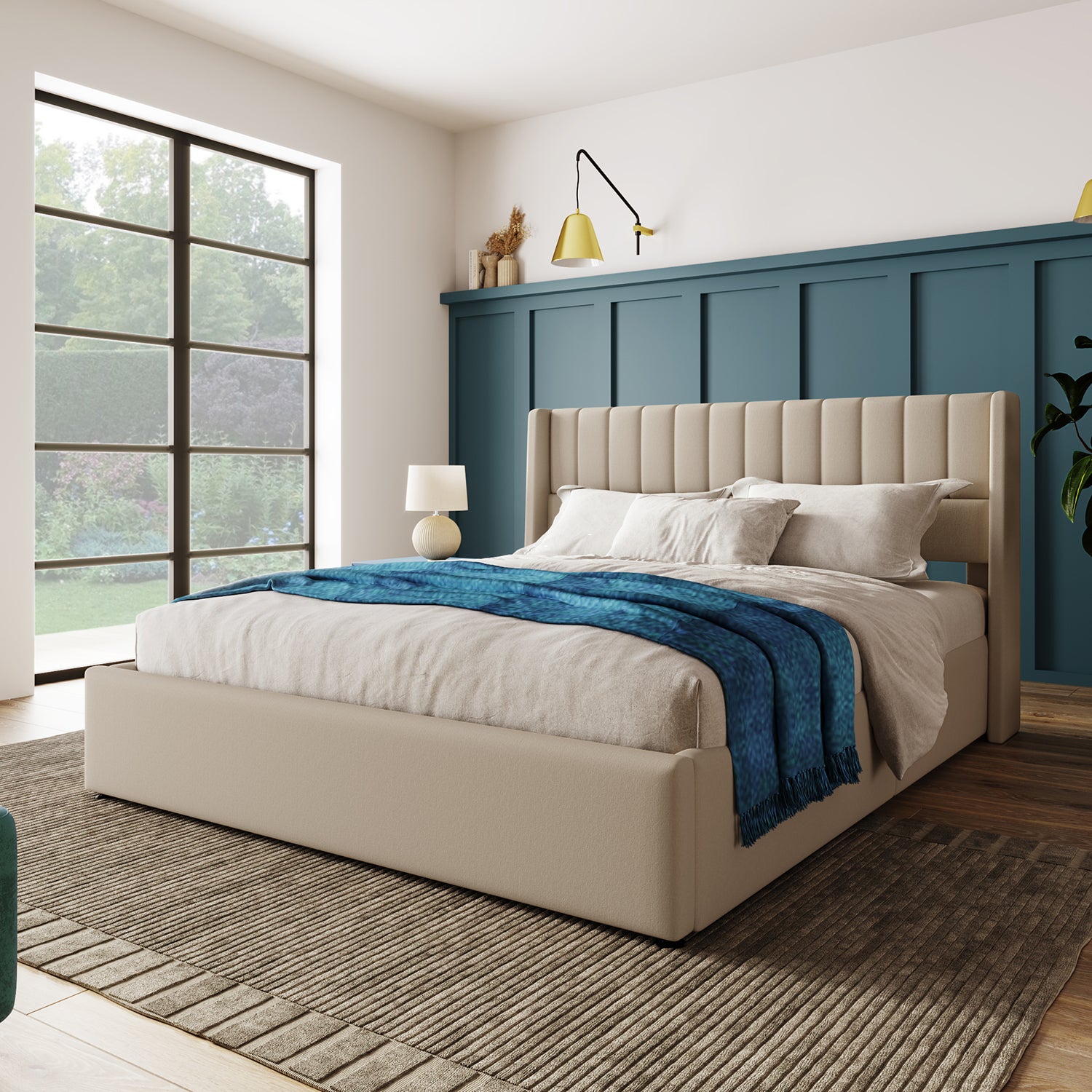 Lit coffre Lit de rangement Lit rembourré hydraulique lit avec sommier à lattes en métal, Lit double 180x200 cm lin beige - 3