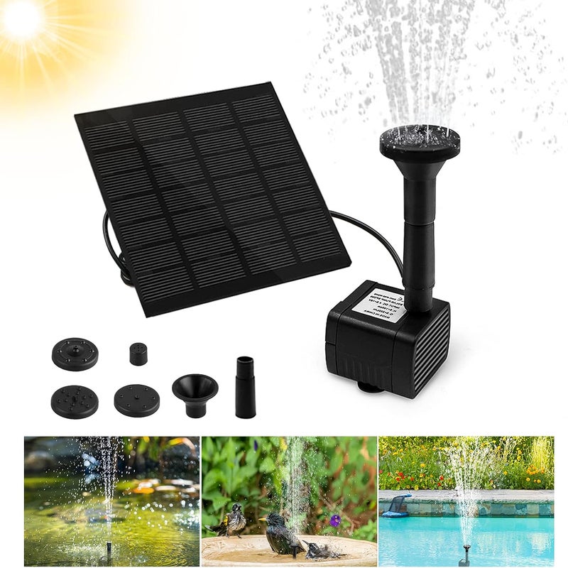 Fontanna solarna 1,2 W do użytku zewnętrznego - z 4 różnymi dyszami, okrągła, pływająca fontanna do oczka wodnego lub ogrodu.