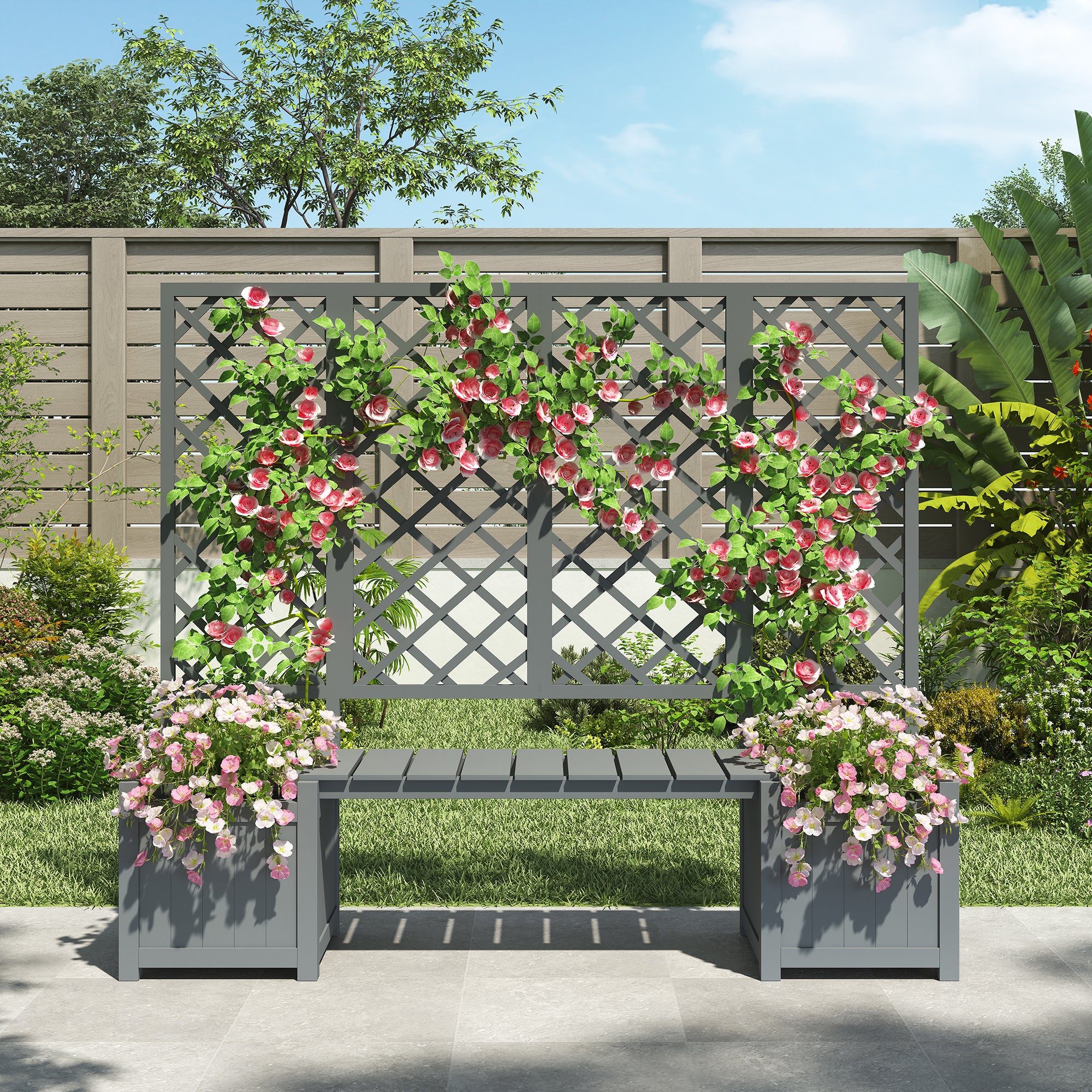 Conjunto de Jardinagem: Canteiros de Cultivo Elevados, Vasos de Madeira, Banco de Terraço com Malha e Floreiras - 2