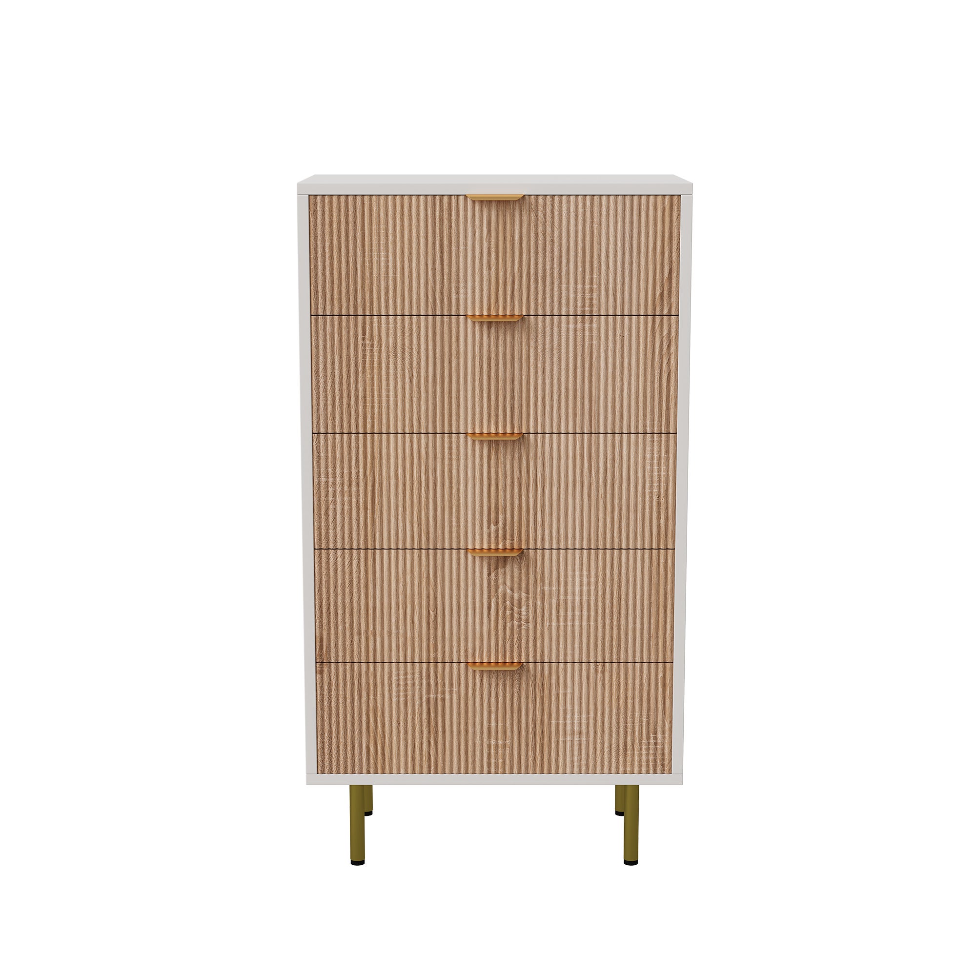 Commode 5 tiroirs finition rayée, Chiffonnier, Poignée dorée et Jambes dorées - design bicolore - L60 x l34 x H109 cm - couleur bois naturel - 7