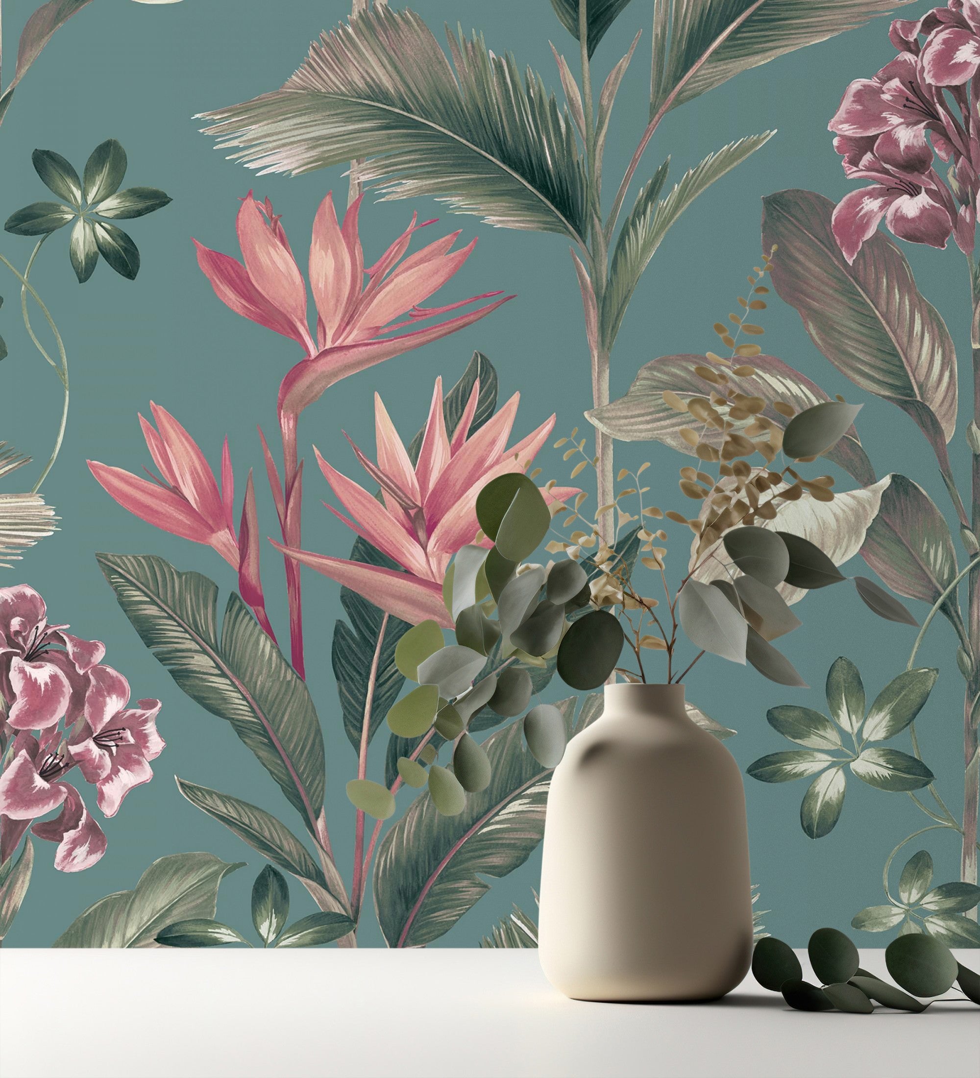 Papier peint de fleurs de paradis et feuilles style tropical couleur bleu turquoise foncé - Mia Orchid 682878 de GAULAN - Rouleaux de 10 m x 0,53 m - 3