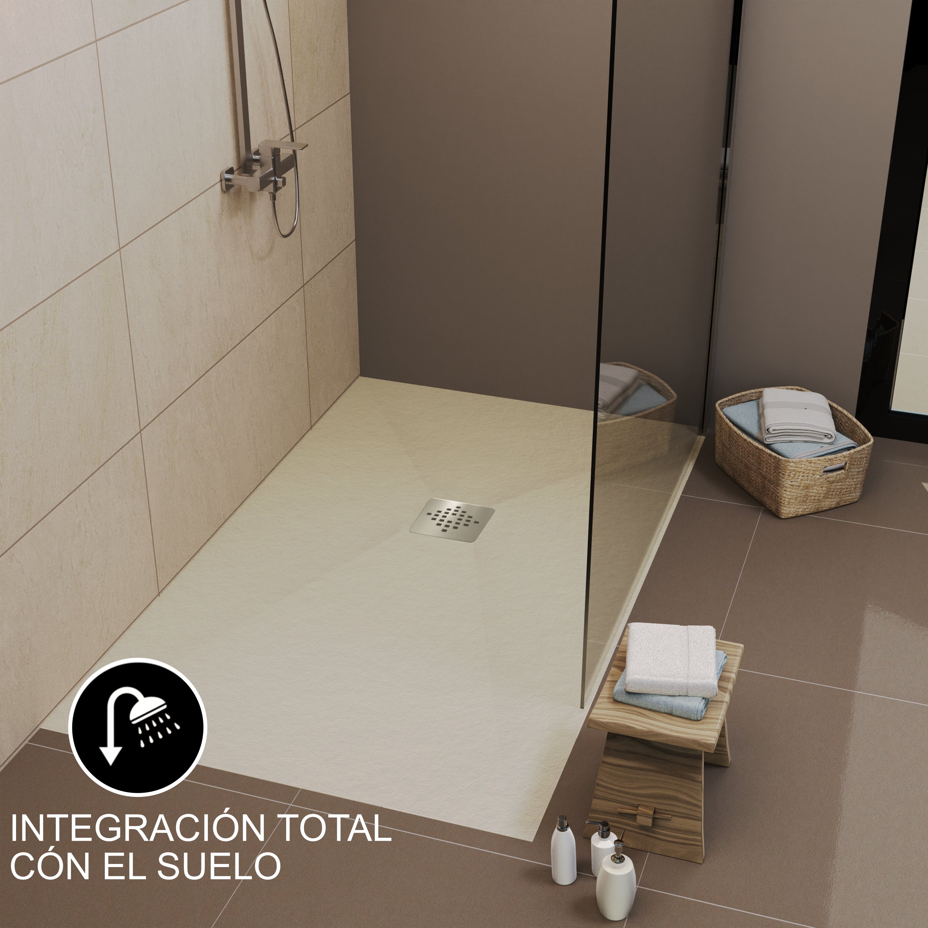 Plato de ducha 70x100 cm de resina Antideslizante C3 | Carga mineral, textura pizarra, crema ral 1013 | Incluye válvula y rejilla - 2