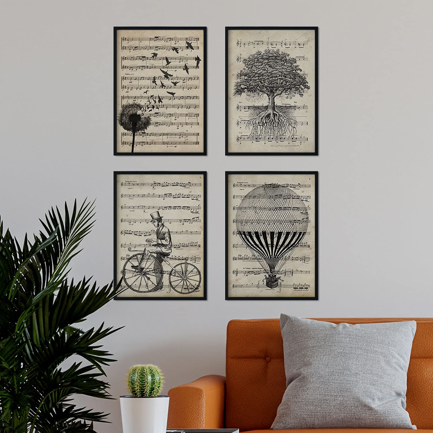 - set 4 láminas vintage partituras musicales - ãrbol vida, bicicleta, diente de leã³n y globo antiguo marco blanco a4