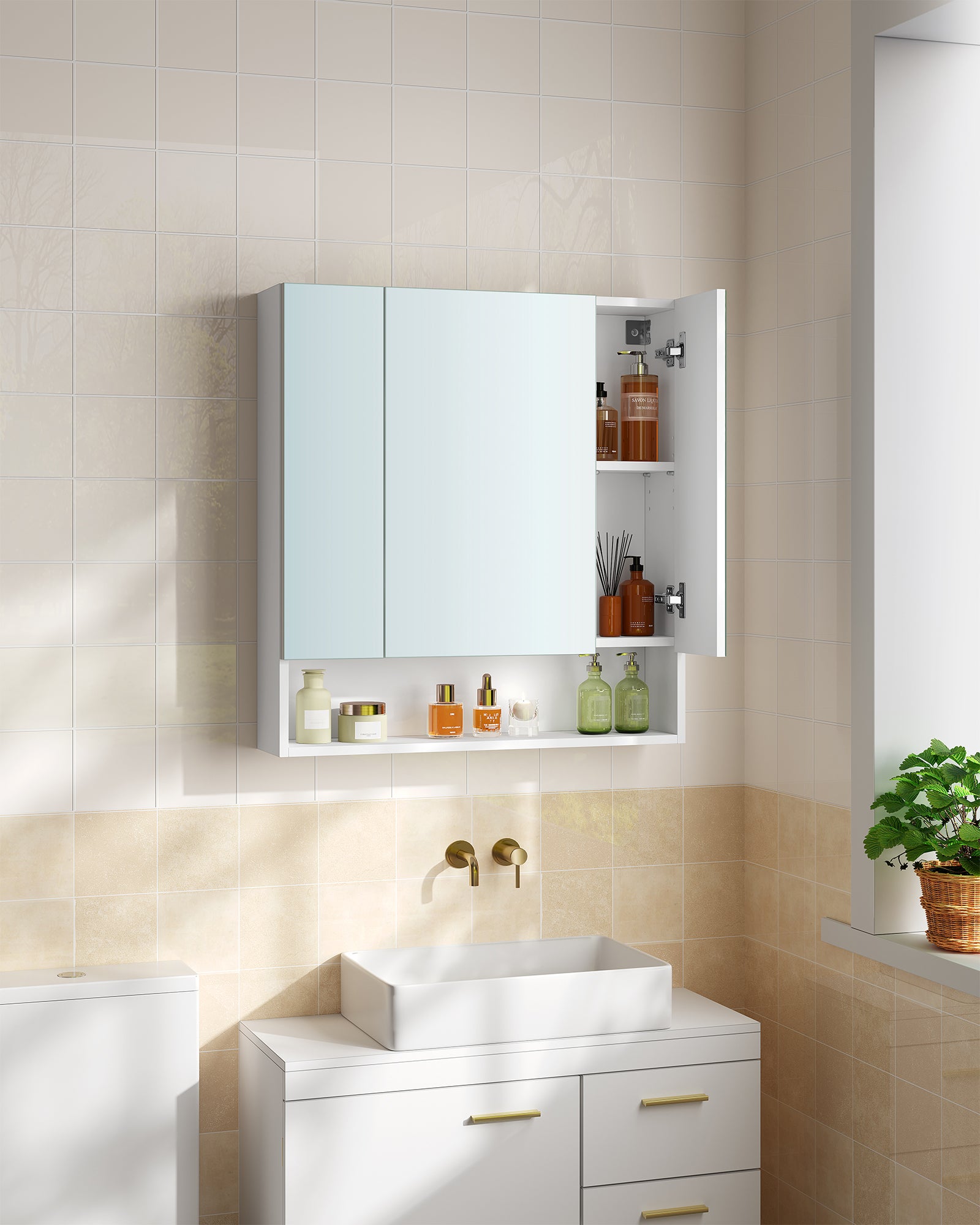 Armoire de Salle de Bain avec Portes Miroir, Armoire Murale à Miroir, Compartiment Ouvert, Étagères Réglables, 16,5 x 70 x 75 cm, Blanc Nuage - 2