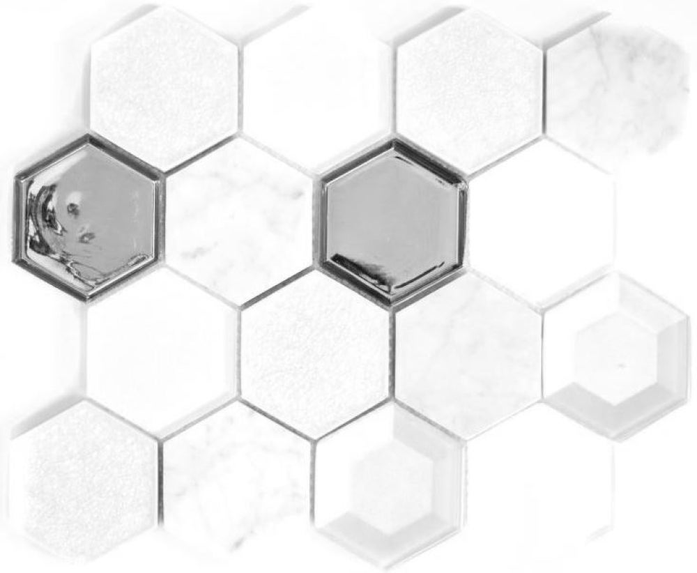 Mosaico de vidrio hexagonal de piedra natural, azulejos de mármol blanco, espejo de vidrio - 10 láminas de mosaico