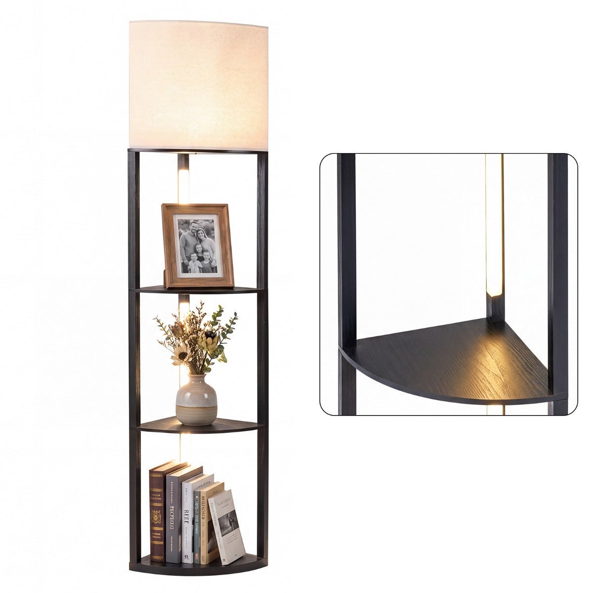 Essenza Lámpara De Pie Moderna Con Estantes 3 Niveles Luces Led Regulables Pantalla Lino Interruptor Pie Para Salón Dormitorio Clara/Negro , Leroy Merlin