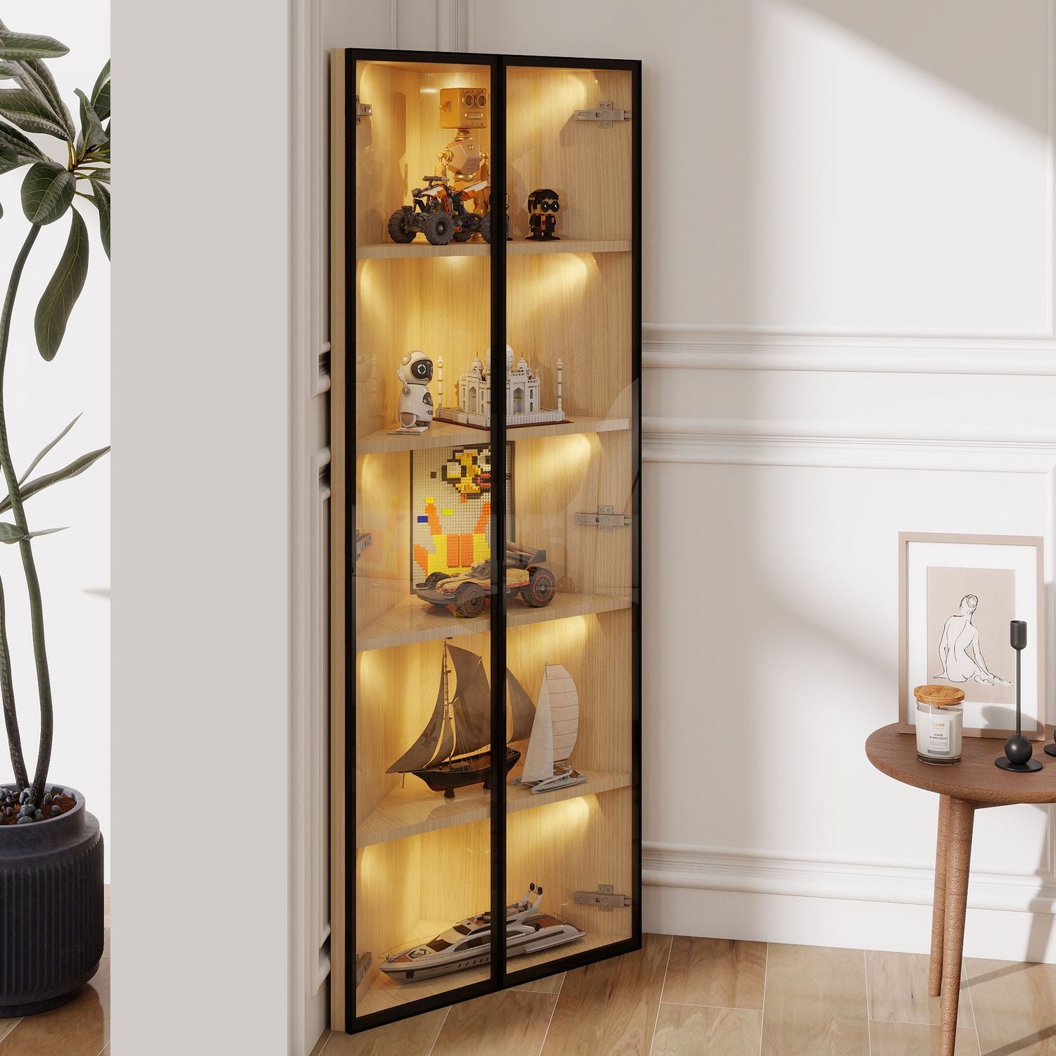 Vitrine d'angle 62 x 35 x 160 cm, effet chêne, portes en verre et ...