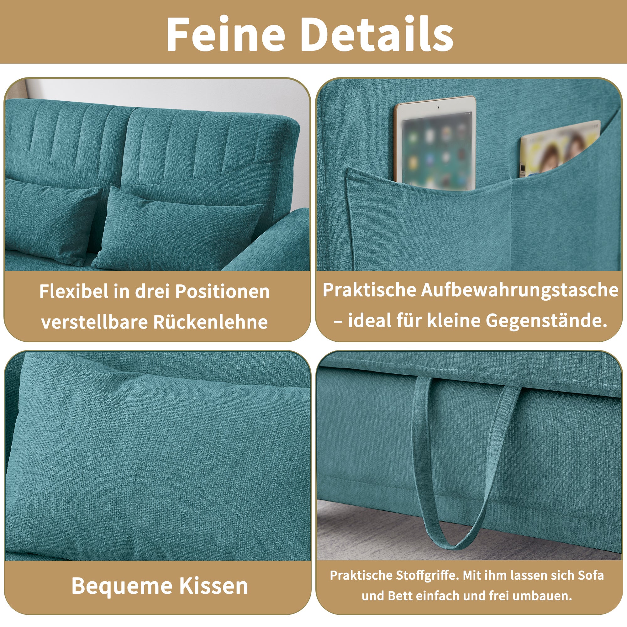 Sofa 2-osobowa rozkładana z 3-stopniową regulacją oparcia - 114 x 77 x 82,5 cm - Tkanina bawełniano-lniana - Niebieska - 7