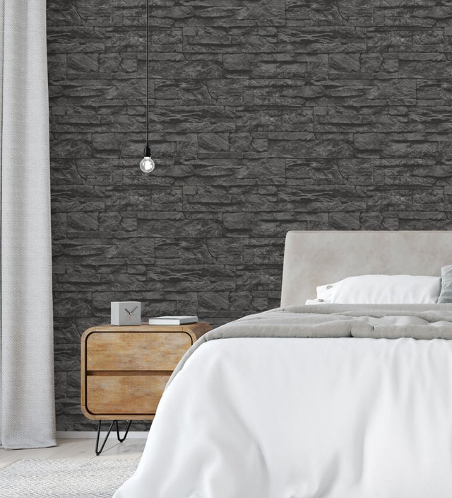 Papier Peint Intissé Tadessi Eliano M1-No.1795 – Noir/gris Foncé, Effet Pierre, 10,05 X 0,53 M, 5,33 M²