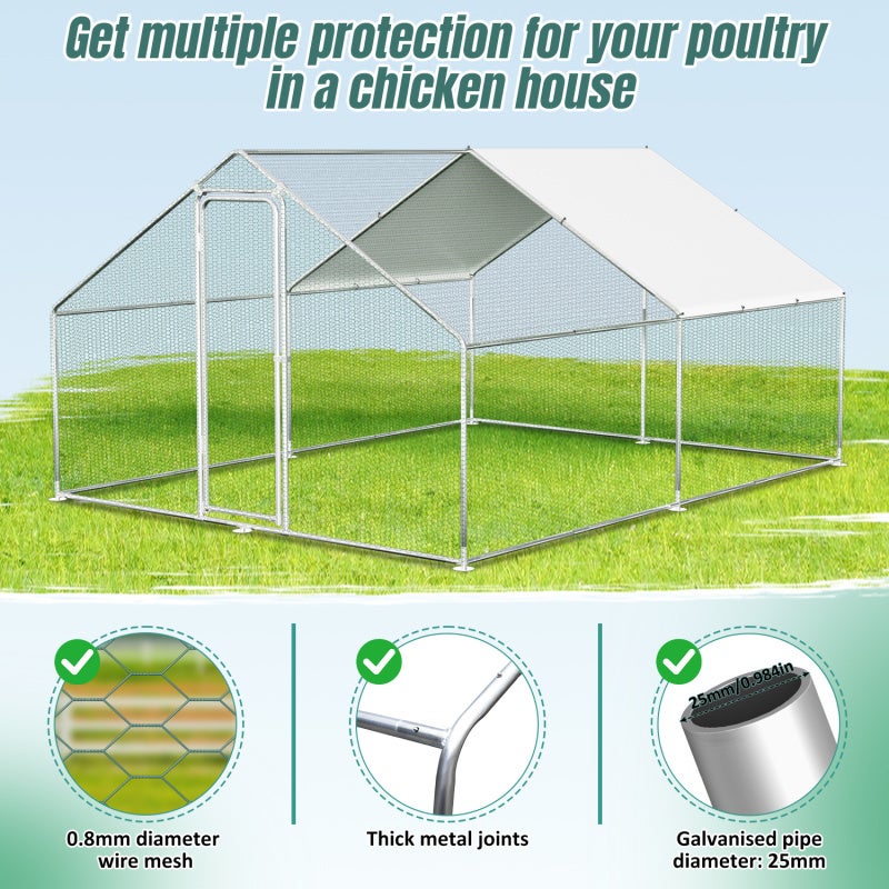 Recinto para galinheiro com rede metálica 3x2x2 m com segurança e tecido PE impermeável, para galinhas, pequenos animais - 4