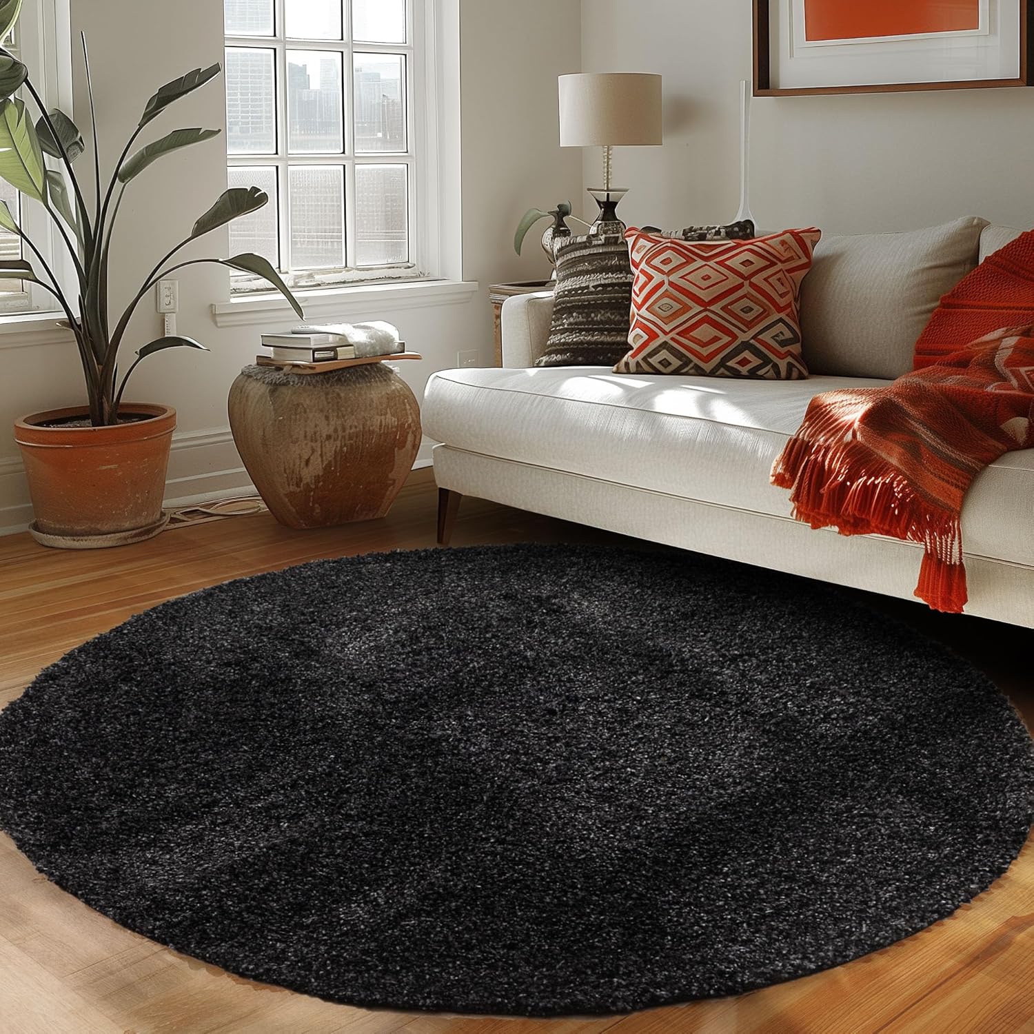 SHAGGY - Tapis Uni Rond - Anthracite 120 x 120 cm - 2