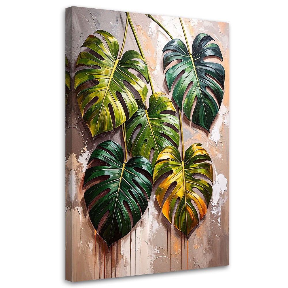 Obraz do salonu sypialni monstera liście na malowanym tle 60x90