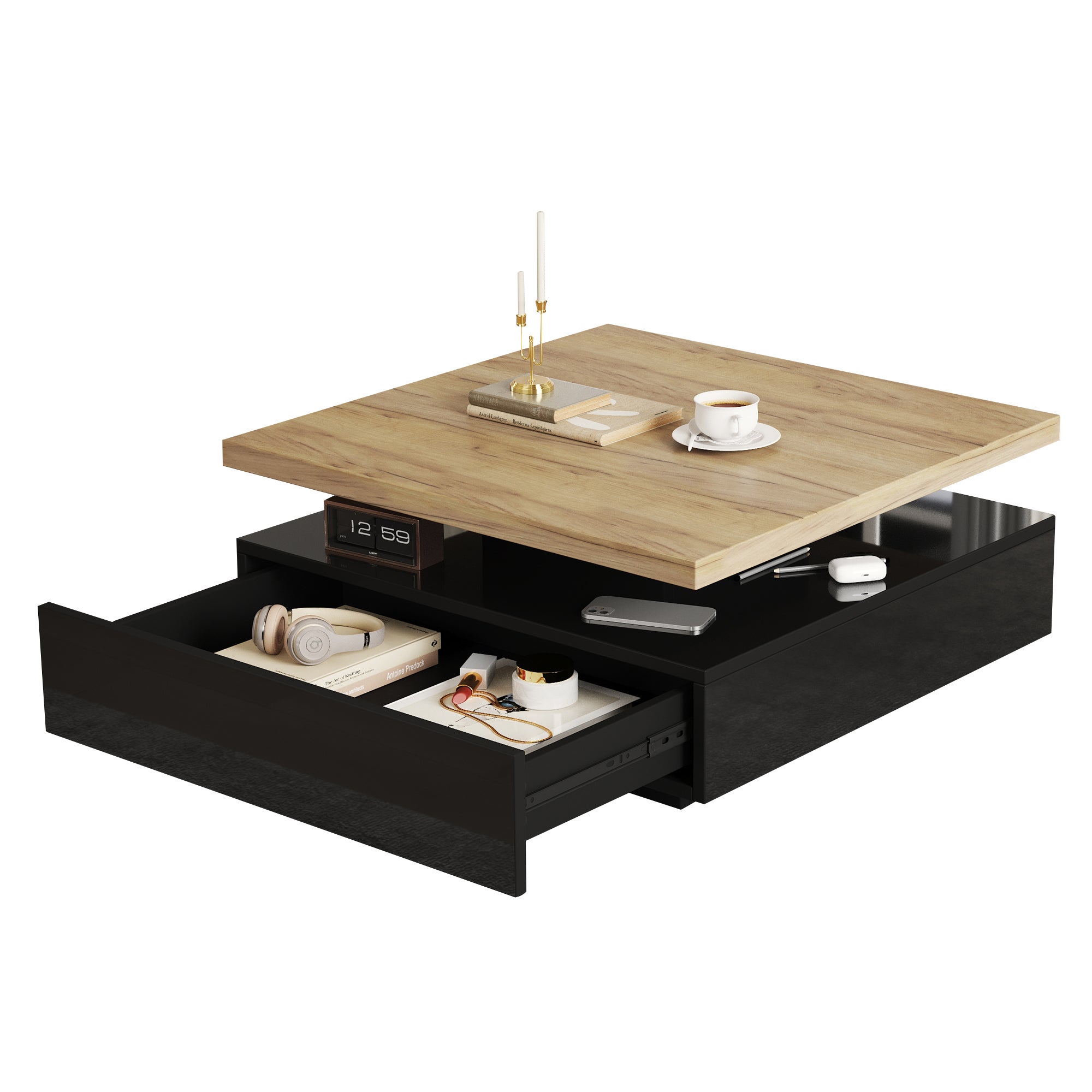 Stolik kawowy kwadratowy z obrotowym blatem i 1 szufladą - 70 x 70 x 36 cm - Płyta wiórowa - Drewno naturalne i czerń - 7