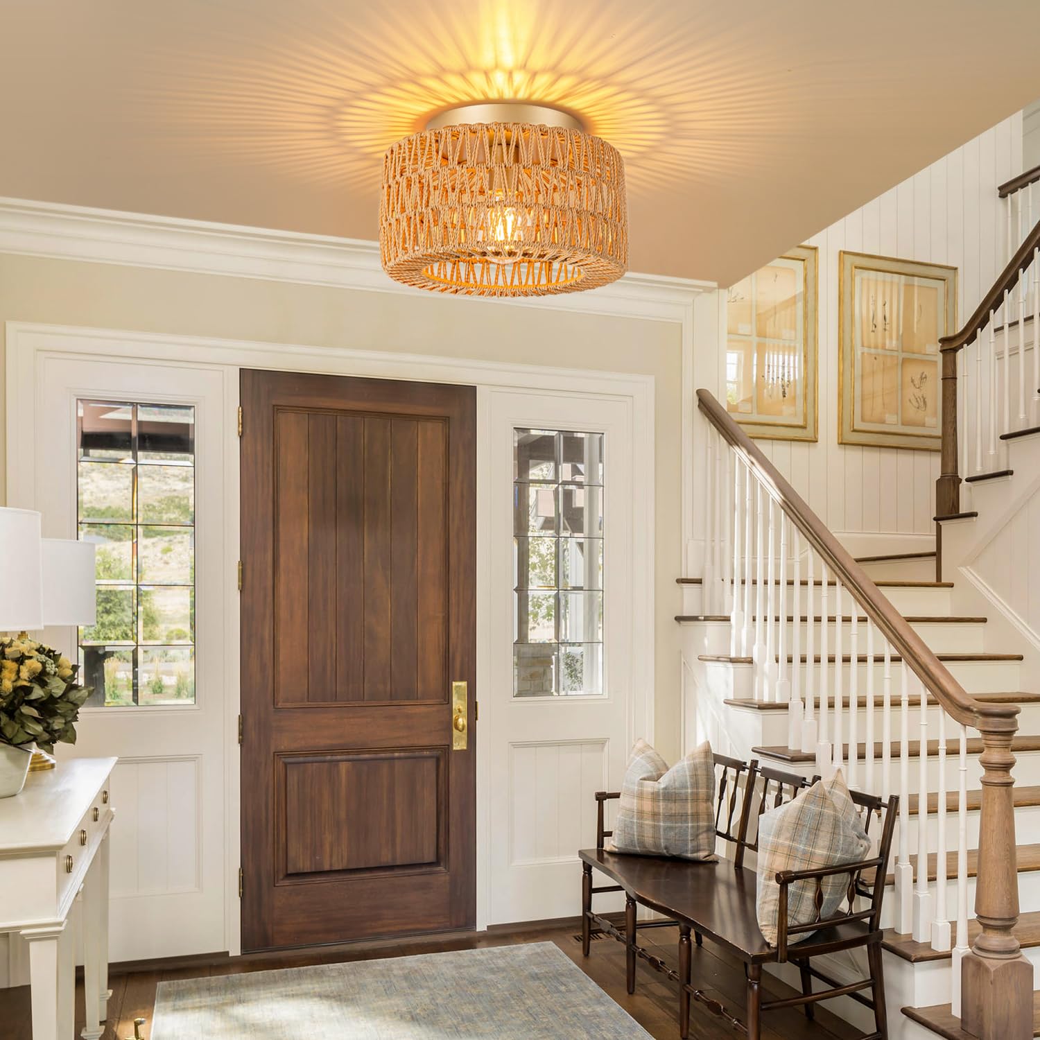 Lampadario moderno in rattan, portalampada E27, faretto da incasso a soffitto, adatto per sala da pranzo e soggiorno (lampadina non inclusa). - 5