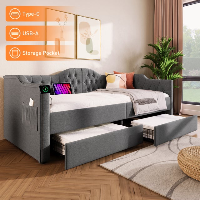 Letto Singolo 90x190 Cm Con Contenitore - Divano Letto Imbottito, Luci E USB, Testiera In Velluto - Foto 12