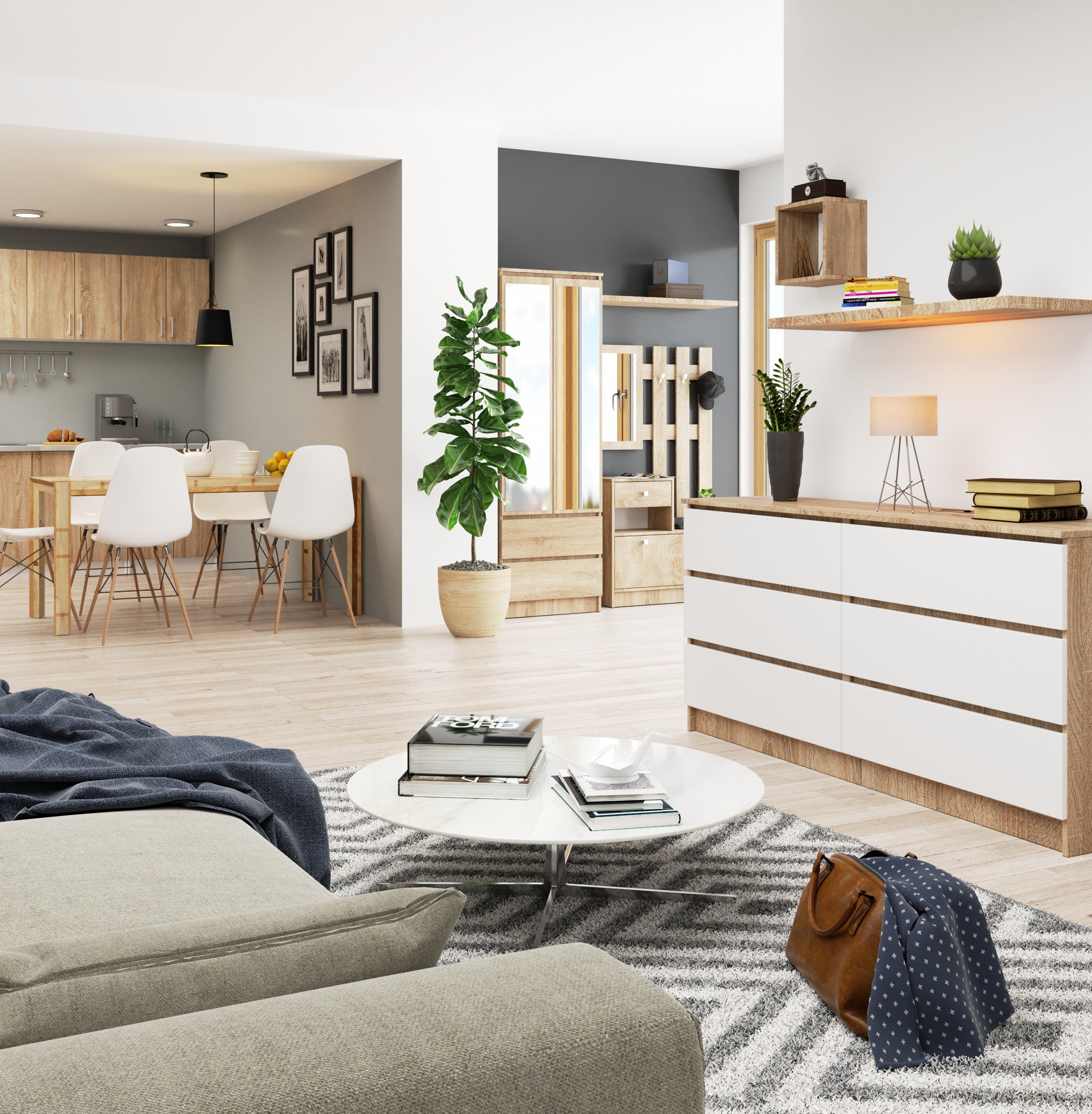 Grande Commode pour le salon AKORD K160 Chêne Sonoma 160 cm 6 tiroirs façade Blanche 160x40x77 cm - 6