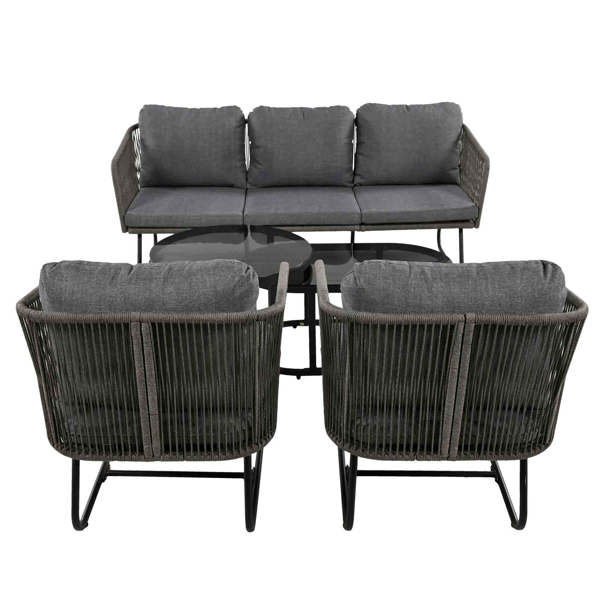 Set de salon de jardin avec cadre en fer galvanisé, mobilier en corde, pieds réglables, table en verre lisse, 5 pièces avec coussins, Gris - 3