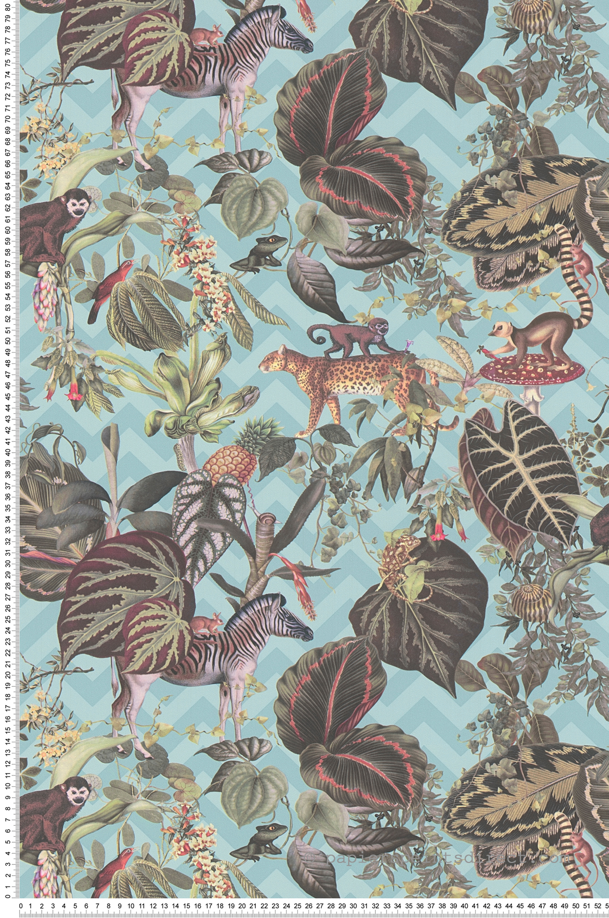 Papel pintado retro azul a rayas estilo retro tropical papel pintado animales monos, cebras y guepardos papel pintado creativo