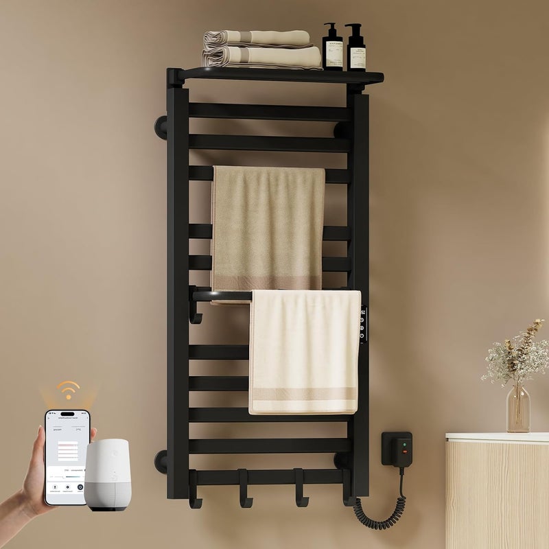 EMKE Grzejnik elektryczny łazienkowy 280W 100x50 cm czarny mat - WiFi+TUYA+Głos (Google/Alexa) z półką i hakami