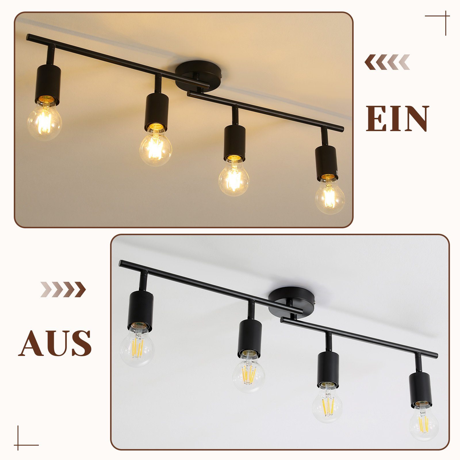 NETTLIFE Plafoniera Faretto da soffitto nero E27 Lampada da industriale orientabile a 350° vintage per corridoio per (Senza lampadina) - 6