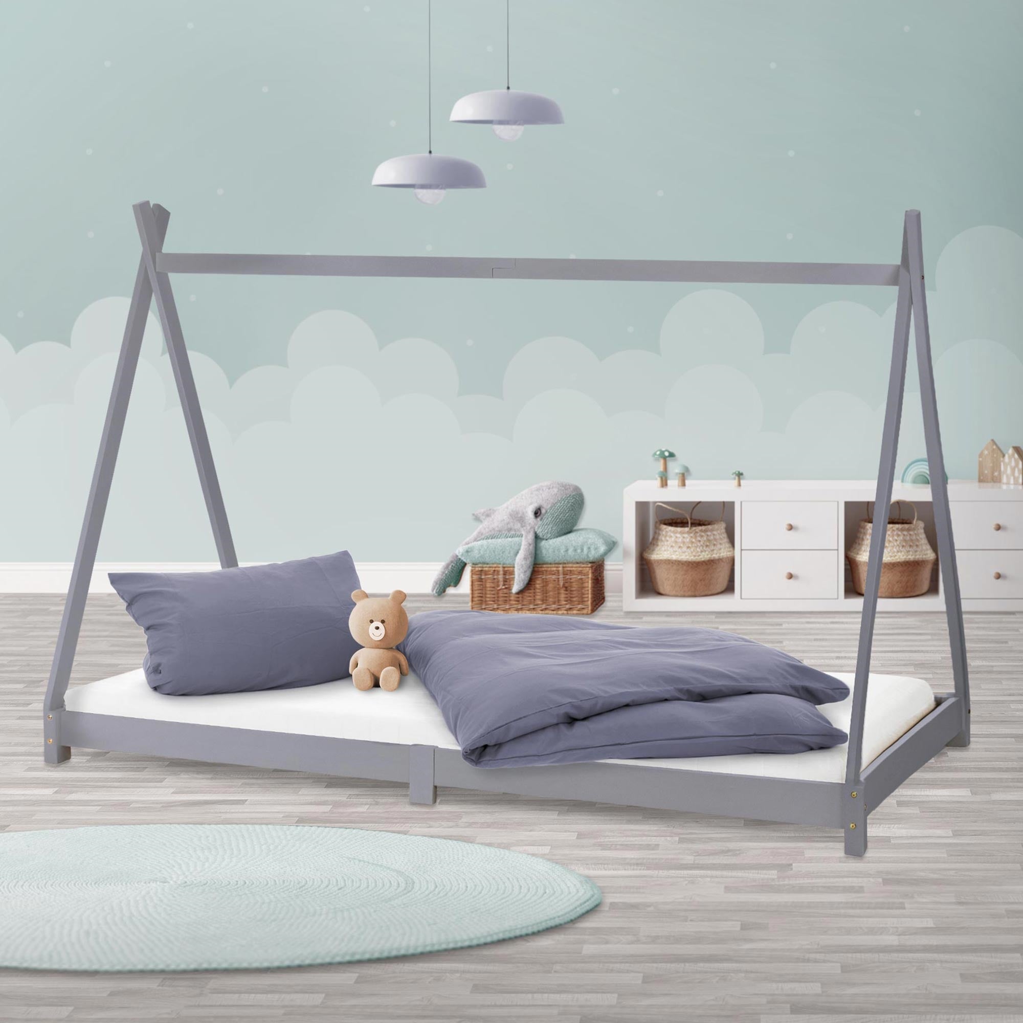 ML-Design łóżko tipi 90x200 cm jasnoszare z ramą listwową w stylu indianskim wykonane z drewna sosnowego dla chłopców i dziewczynek łóżko młodzieżowe