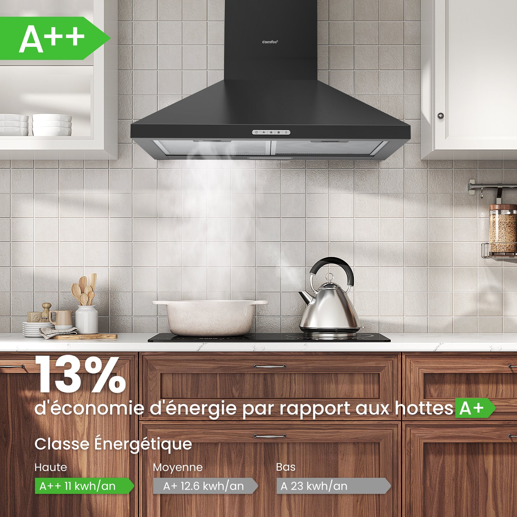 COMFEE Hotte Aspirante 60cm - 400 m³/h - Classe A++ - 2 Filtres à Charbon - 3 Vitesses - Recyclage & Évacuation - LED lampe - 2