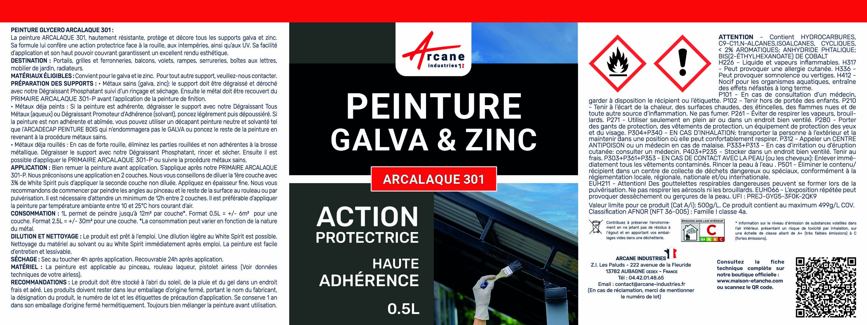 Peinture galva zinc toiture gouttière : Arcalaque 301. Gris Anthracite - RAL 7016 - 0.5 L - ARCANE INDUSTRIES - 6