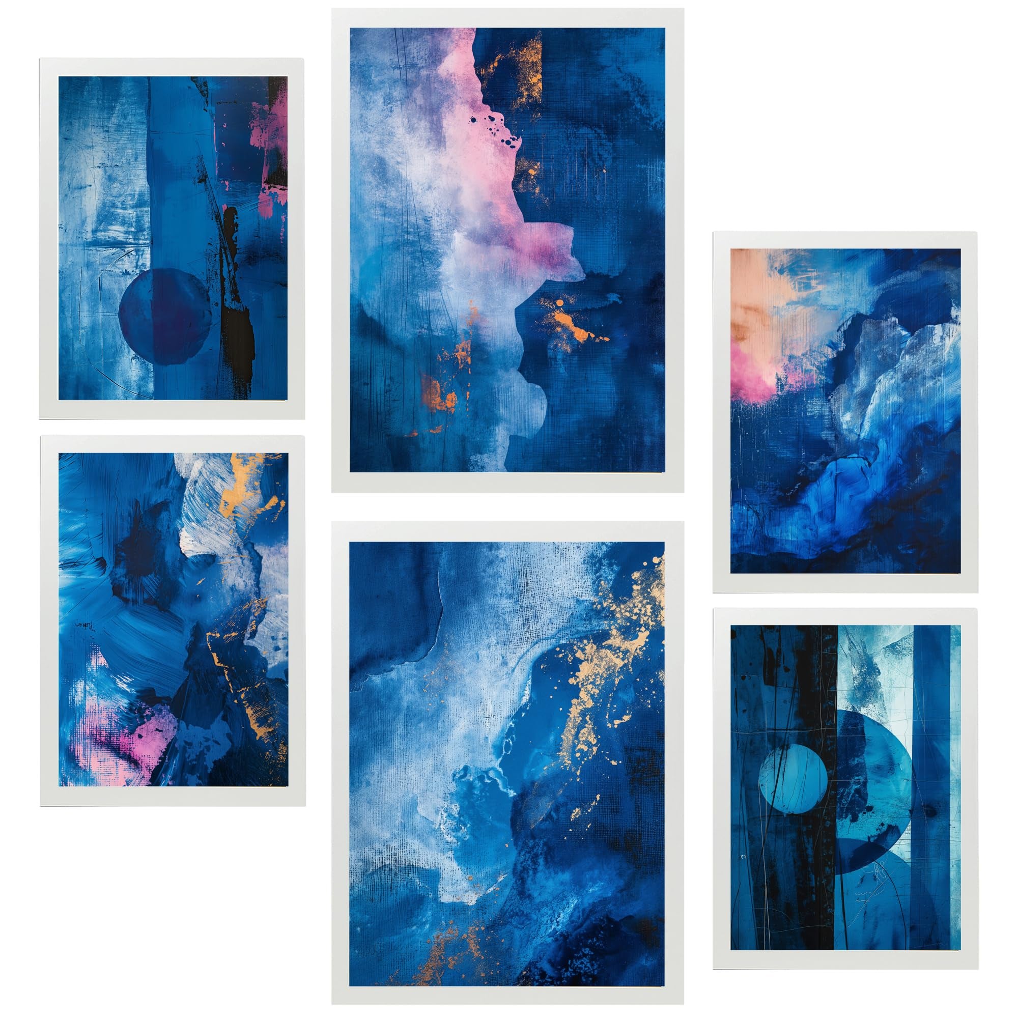 Set de 6 abstract colors blue cyan pink shapes cuadros con ilustración de diseño para decorar las paredes del hogar. tienda. a3 y a4. marco blanco