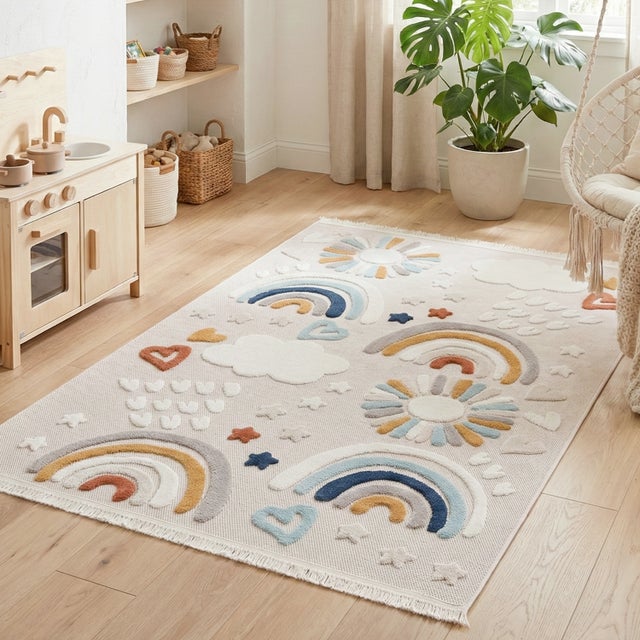 RUGURA - Alfombra Infantil Habitación Niña Niño con nubes, estrellas, arcoiris y animales 170x120cm azul turquesa ocre