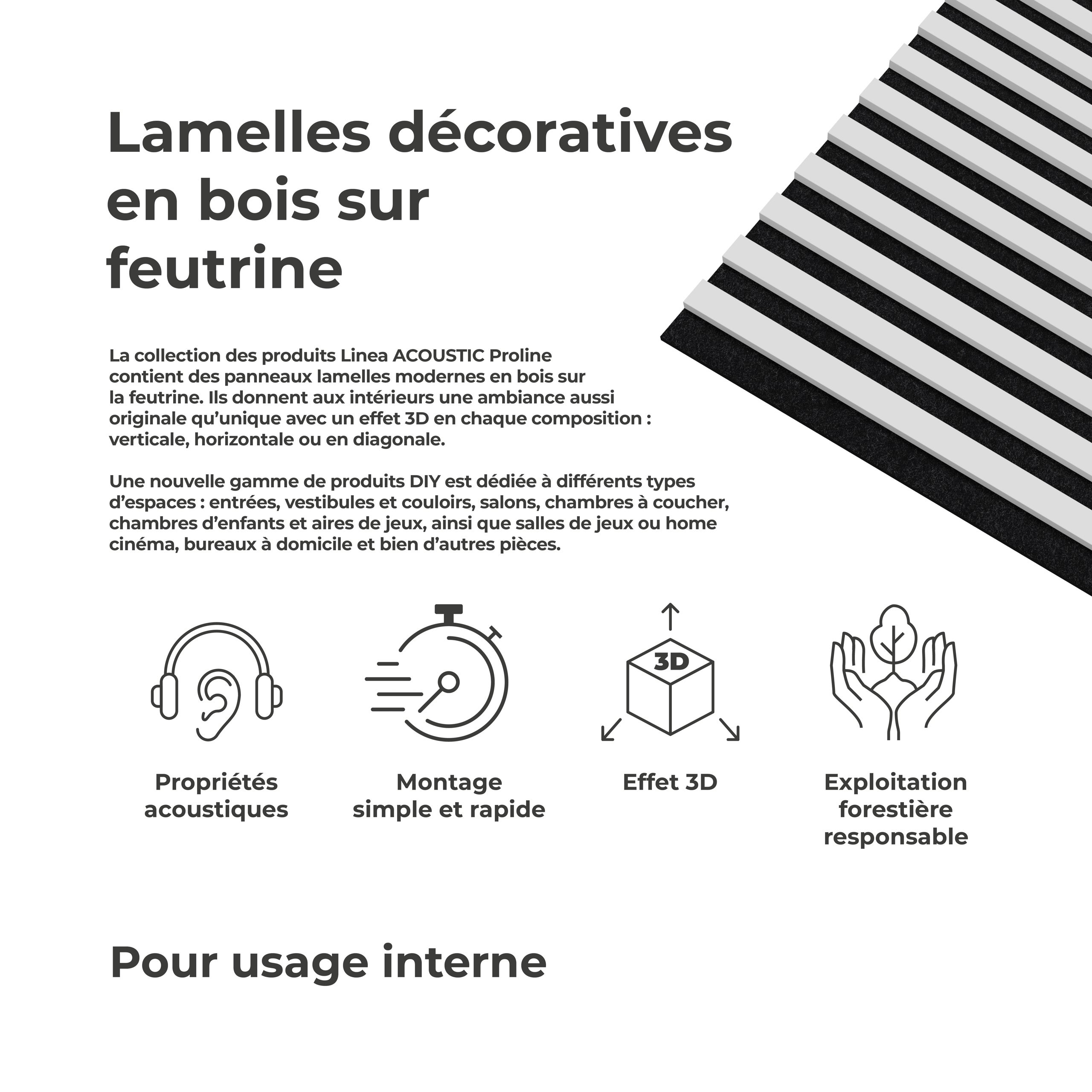 Panneau Tasseau Acoustique effet tasseau bois en feutre 605mm x 605mm blanc sur noir Linea Proline Stegu - 5