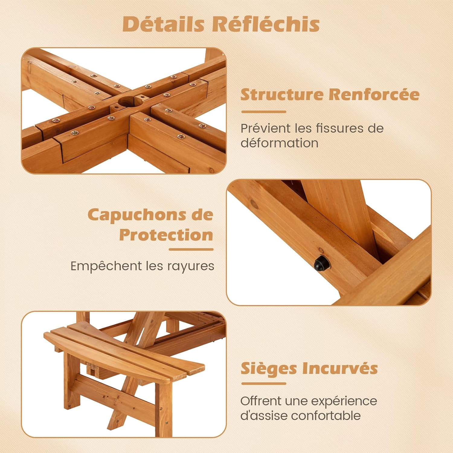 Table Pique-Nique Extérieur 8 Personnes, Table à Manger Jardin Ronde pour Patio avec 4 Bancs Intégrés, Trou Paraso 5 cm, Charge 100+250KG*4 (Jaune) - 4