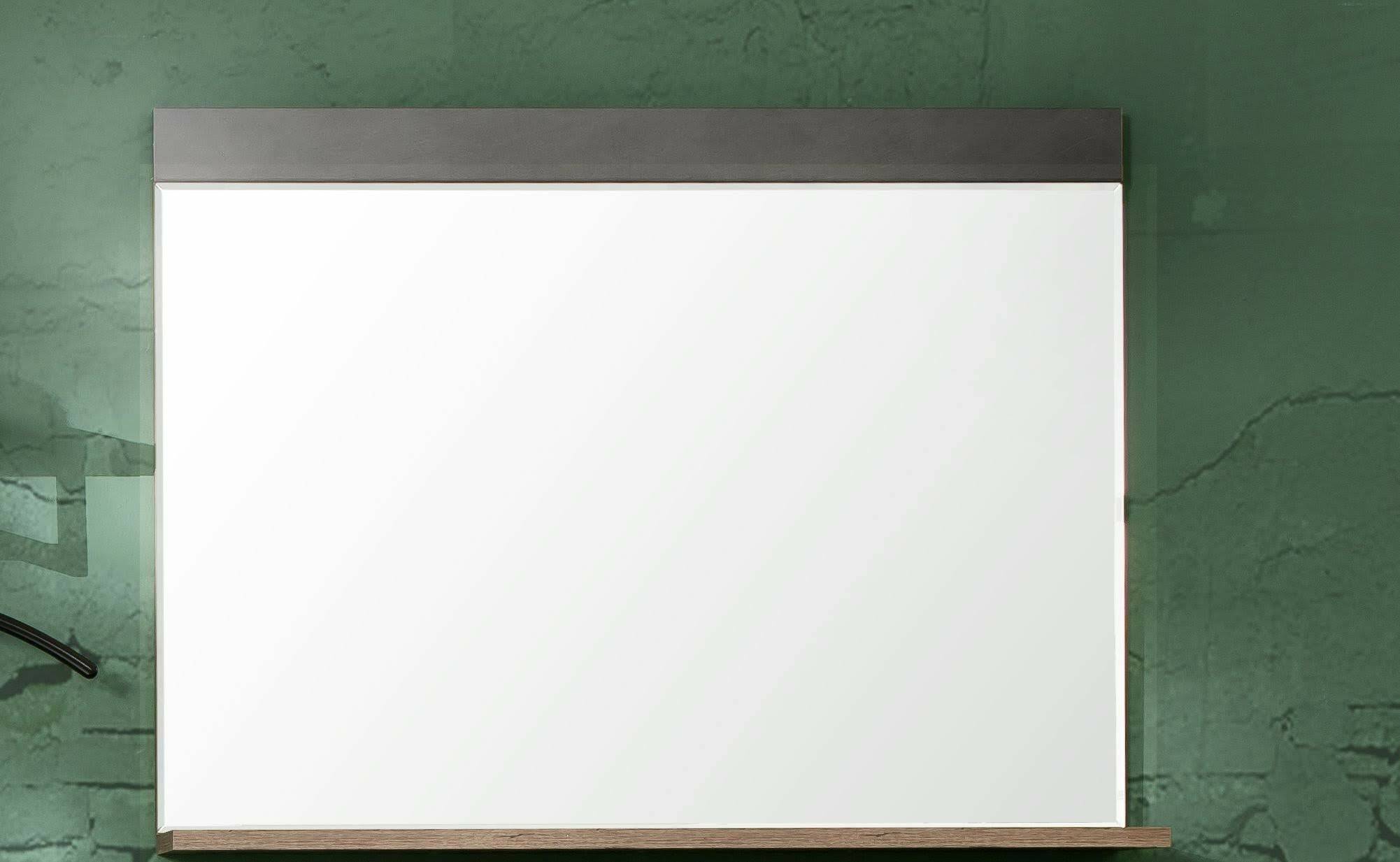 INDY - Meuble d'entrée - Miroir avec tablette en mélaminé coloris gris ciment. L - H - P : 90 - 62 - 20 cm - 2