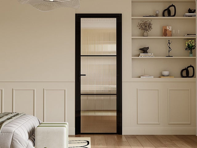 Blocco porta reversibile H204 x L83 cm in Alluminio e Vetro testurizzato Nero - MASERU