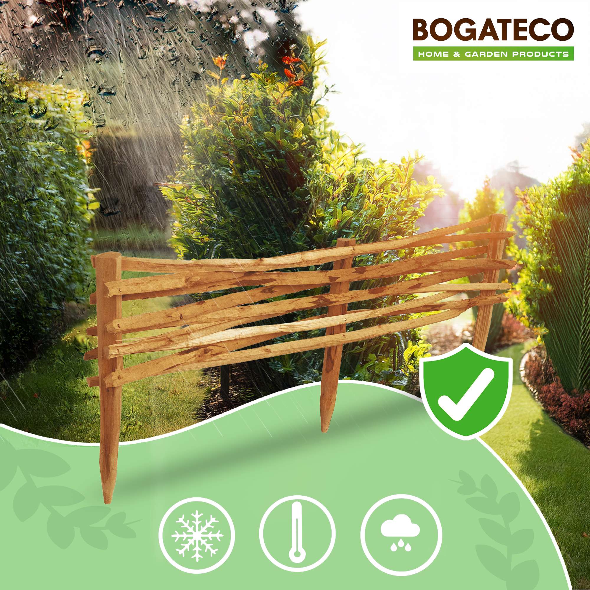 BOGATECO Lot de 3 Bordures de Jardin en Noisetier Brun - Longueur 90 cm - Hauteur 20 cm - Clôture à Planter Imprégnée - Support de Parterre - 4
