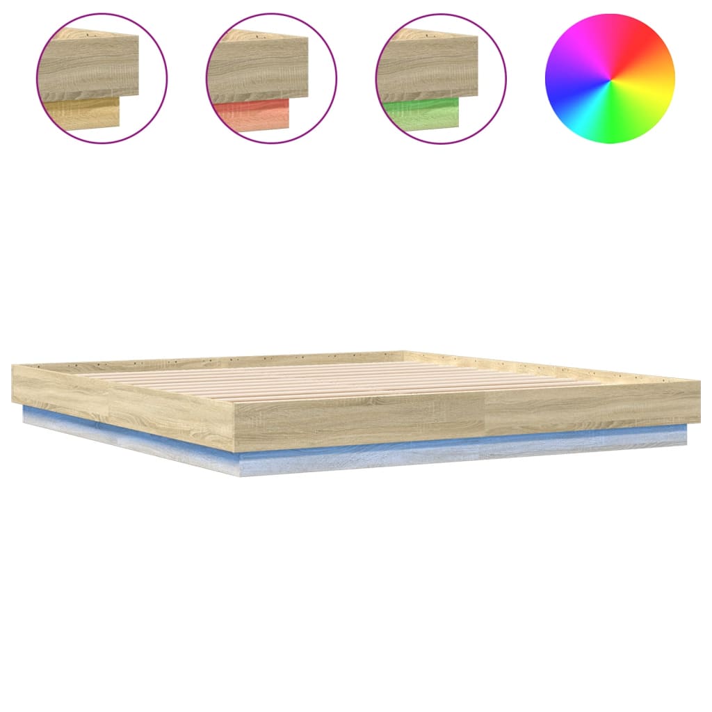 Łóżko Brązowe Rama Łóżka Ze Stelażem Łóżko Do Sypialni Pokoju LED 200x200 cm
