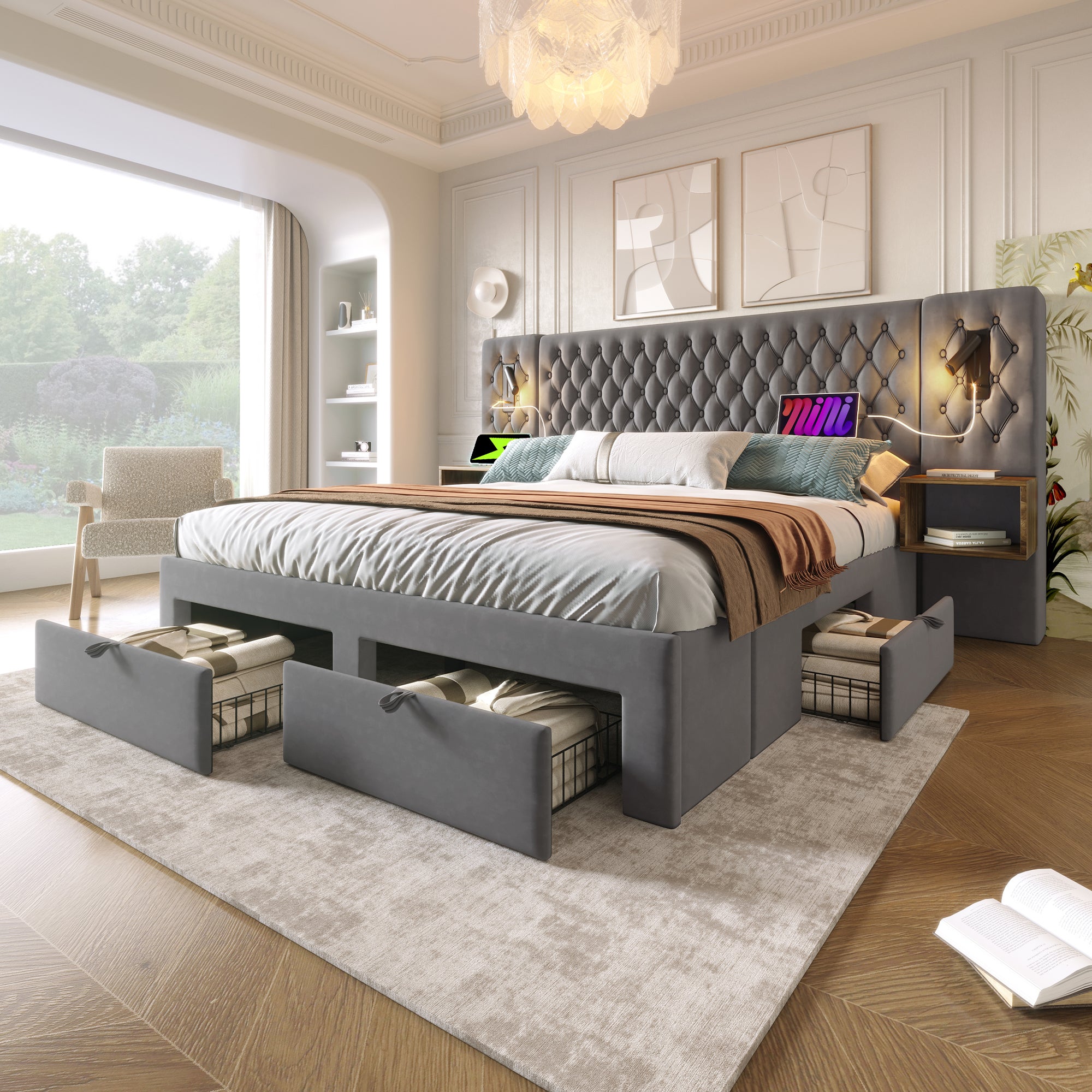 Letto matrimoniale imbottito 140x200 cm senza testiera - con 2 cassetti