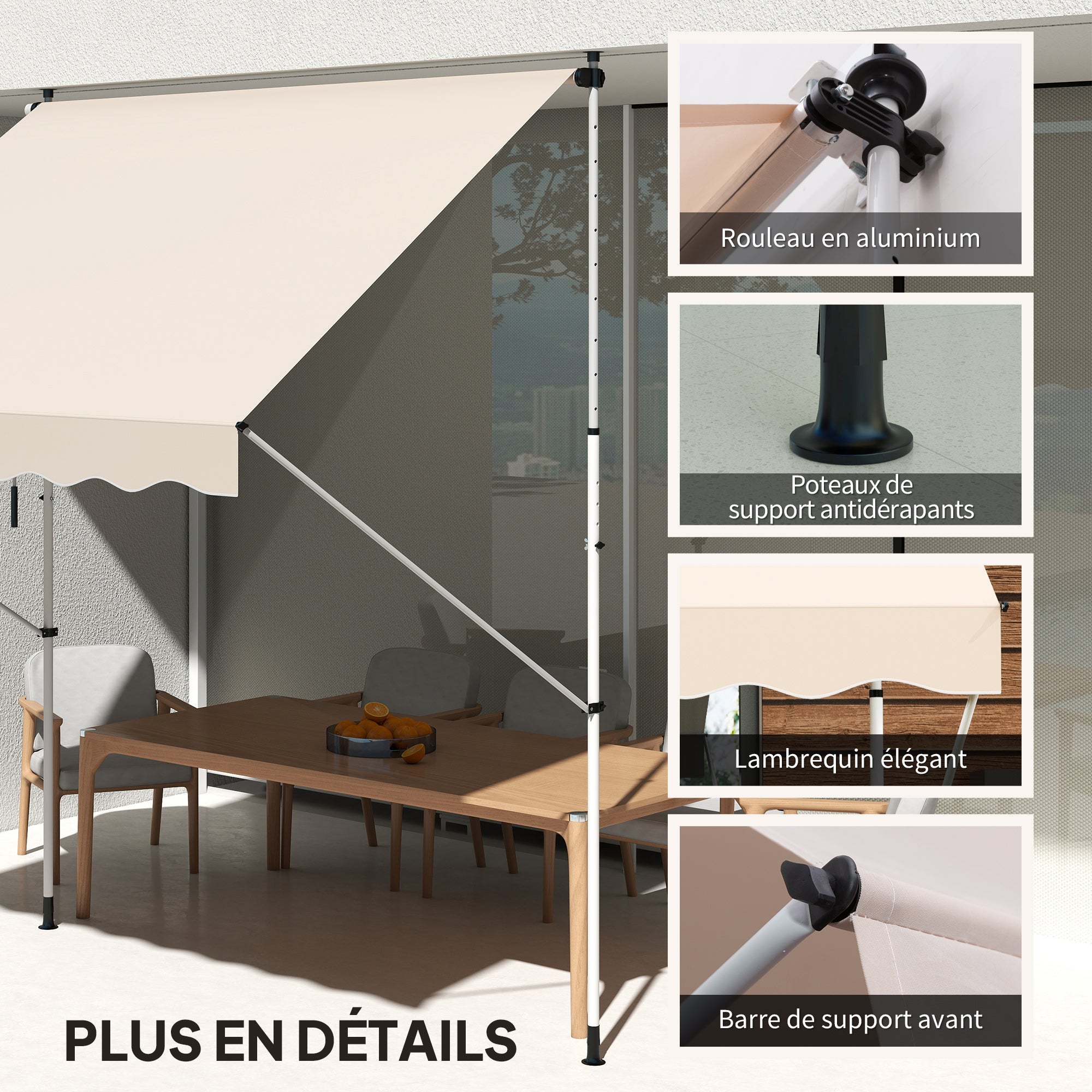 Store banne rétractable manuellement, 3 mètres de long x 1,5 mètre de large, sans perçage, inclinaison et hauteur réglables, résistant aux UV. - 7
