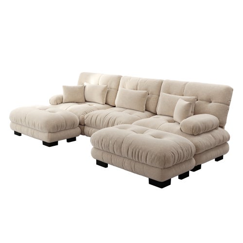 Canapé d'angle, canapé en U pour salon à 3 place avec pouf amovible, en tissu, beige - 7