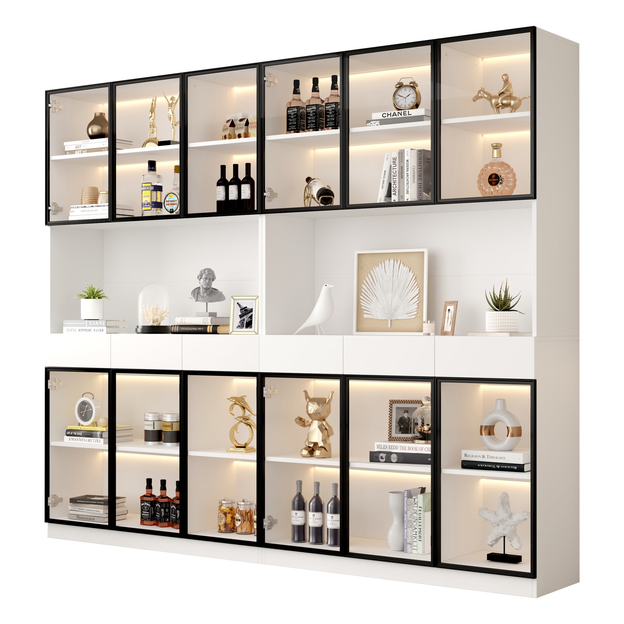 Vitrine avec 12 portes en verre et 6 tiroirs - 240 x 36 x 200 cm - LEDs - Panneaux de particules - Blanc - 4