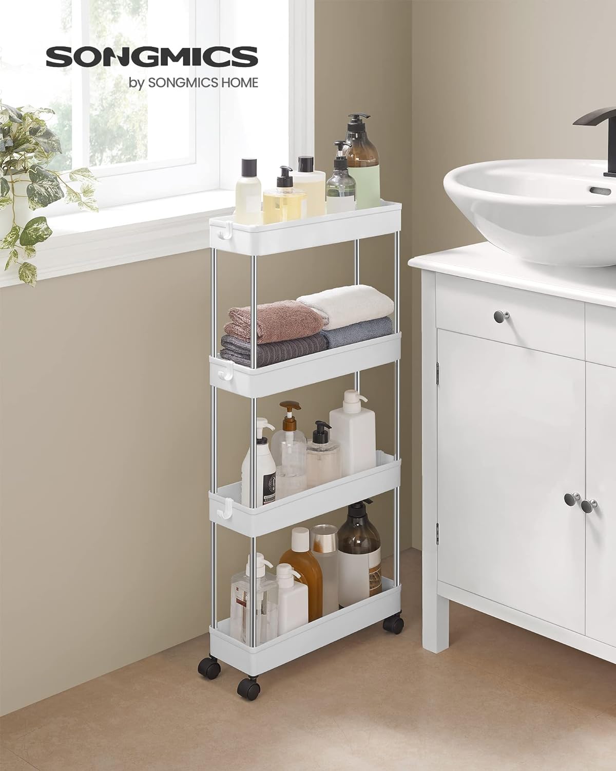 Chariot De Rangement À 4 Niveaux, Chariot Roulant sur roulettes Et Crochets, Chariot De Rangement Mobile Multifonctionnel pour Cuisine, Salle De Bain, Chambre À Coucher, Commodes | Votre wishlist sur