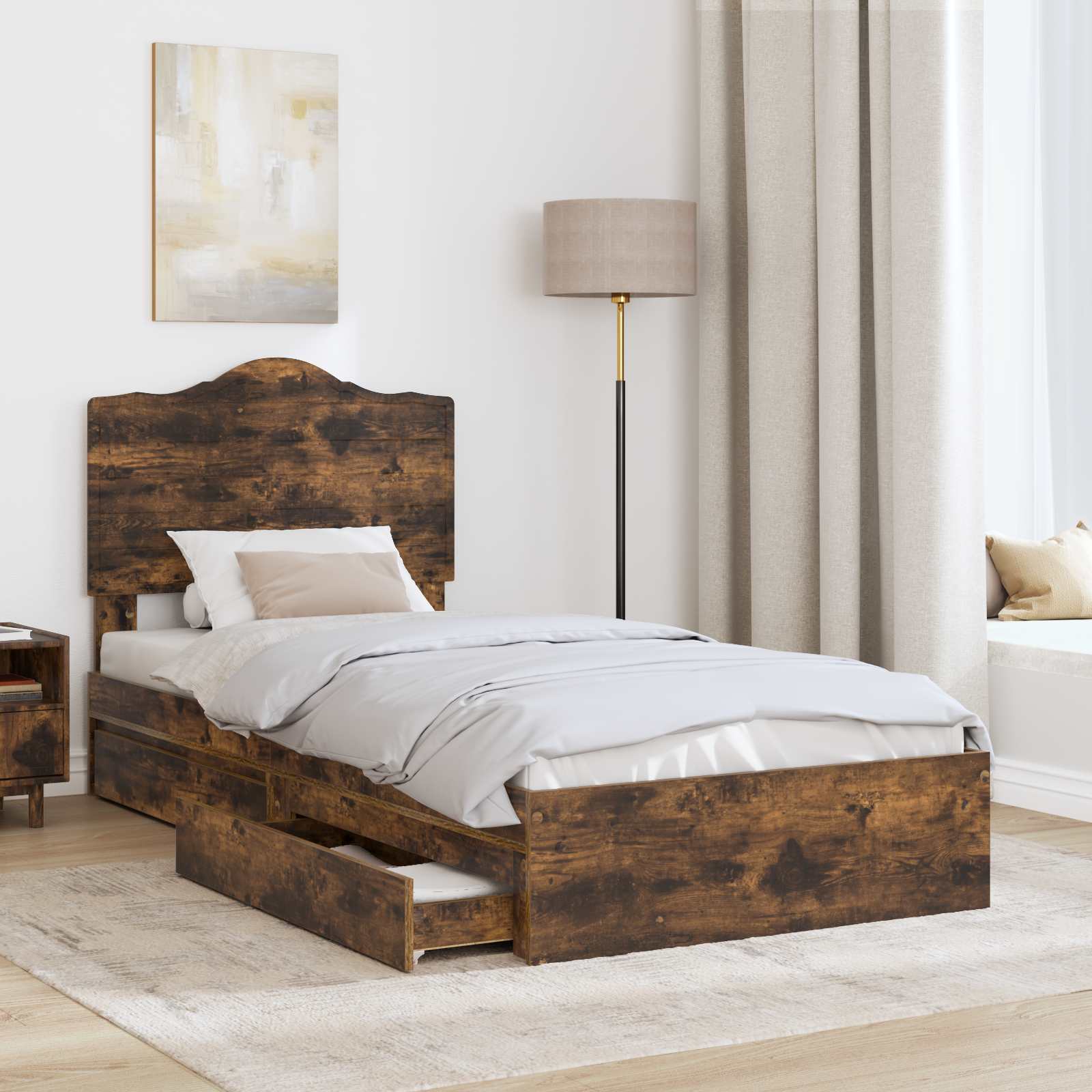 Lit avec rangement, panneau de bois, chêne fumé, pour la chambre, 90 × 200 cm - 3