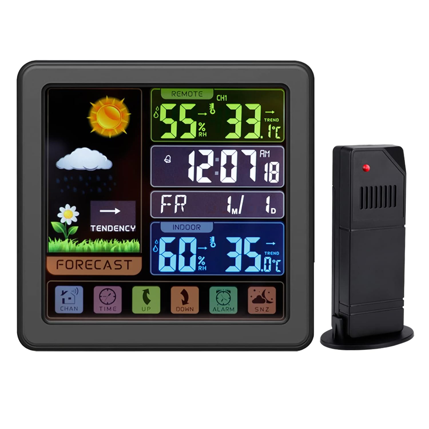 Stazione Meteorologica Wireless Con Schermo A Colori, Termometro Interno/Esterno, Umidità, Orologio Atomico, Previsioni, Calendario, Retroilluminazione Regolabile - 2