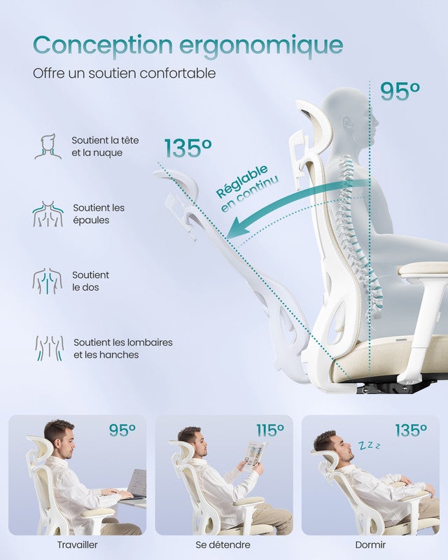 Chaise de Bureau Ergonomique, Fauteuil de Bureau, Appui-Tête et Soutien Lombaire Réglables, Supporte Jusqu’à 150 kg, Hauteur Réglable, Beige Sable - 3