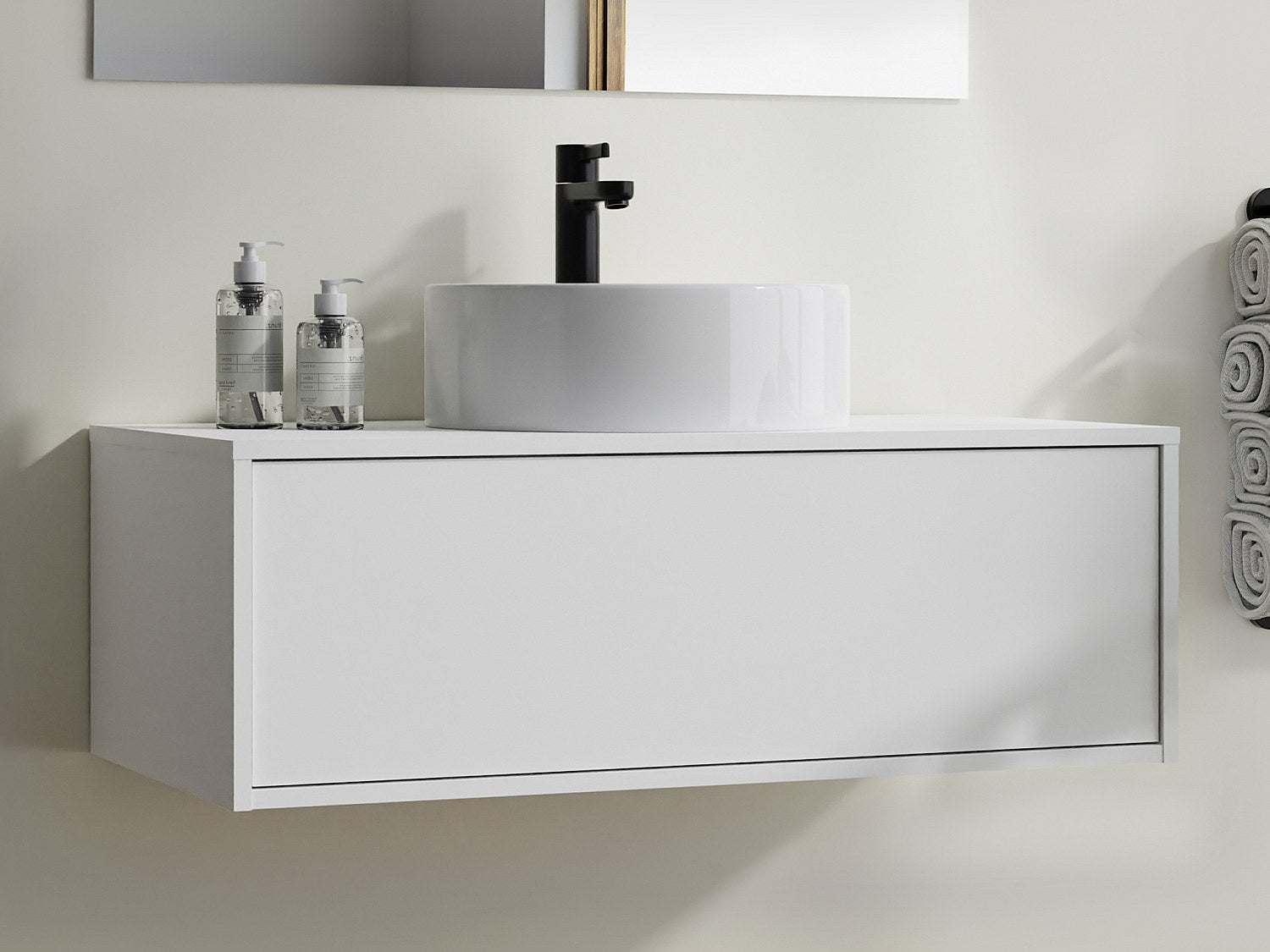 Szafka łazienkowa wisząca biała z okrągłą umywalką - 94 cm - TEANA II