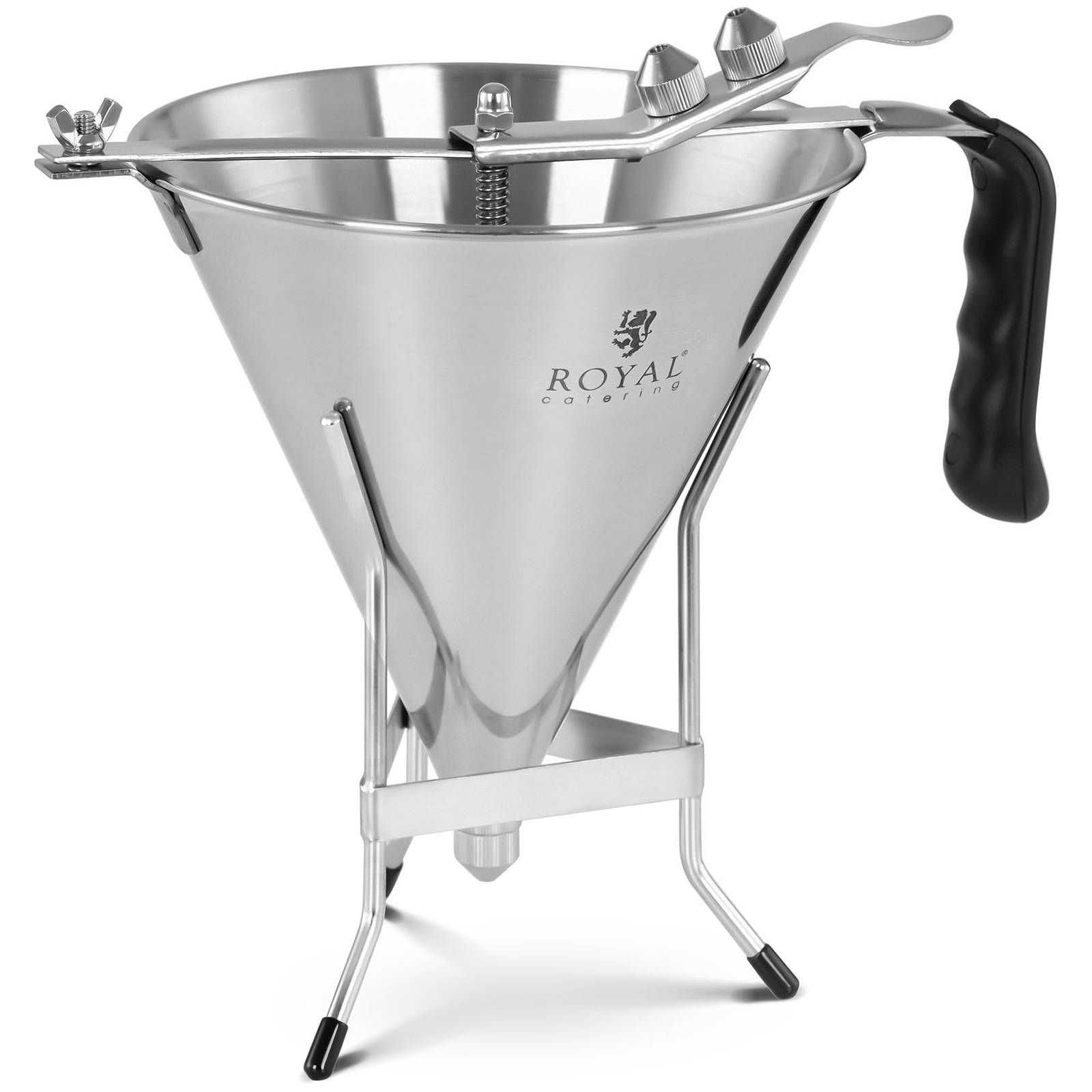 Royal Catering RC-OF05 Entonnoir à Piston Professionnel 1,8 L Inox - Avec 3 Douilles Et Support Antigoutte