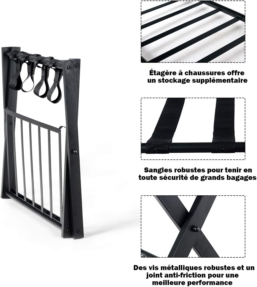 Portavaligie Pieghevole, Porta Valigie Poggia Bagaglio a 2 Ripiani, Cavalletto da Valigie, per Hotel e Viaggio, in Metallo, 68 x 43 x 56 cm (N - 4