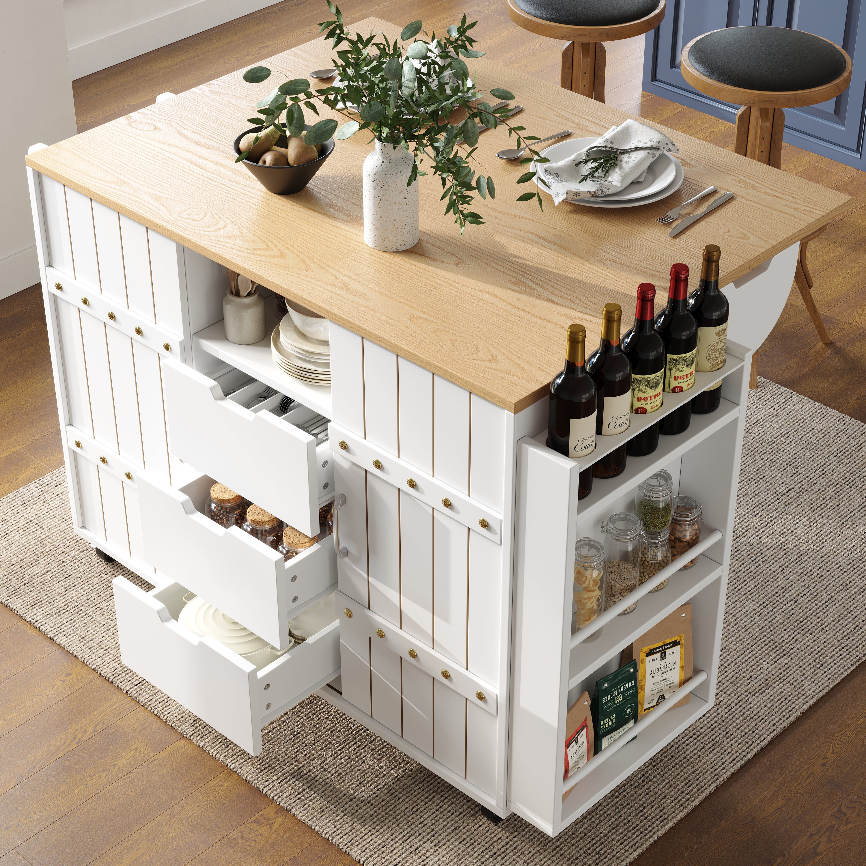 Buffet cuisine avec plan de travail, Chariot à roulettes avec tiroirs, Desserte cuisine avec étagère à épices et porte serviettes,Blanc 110x42x90cm - 7