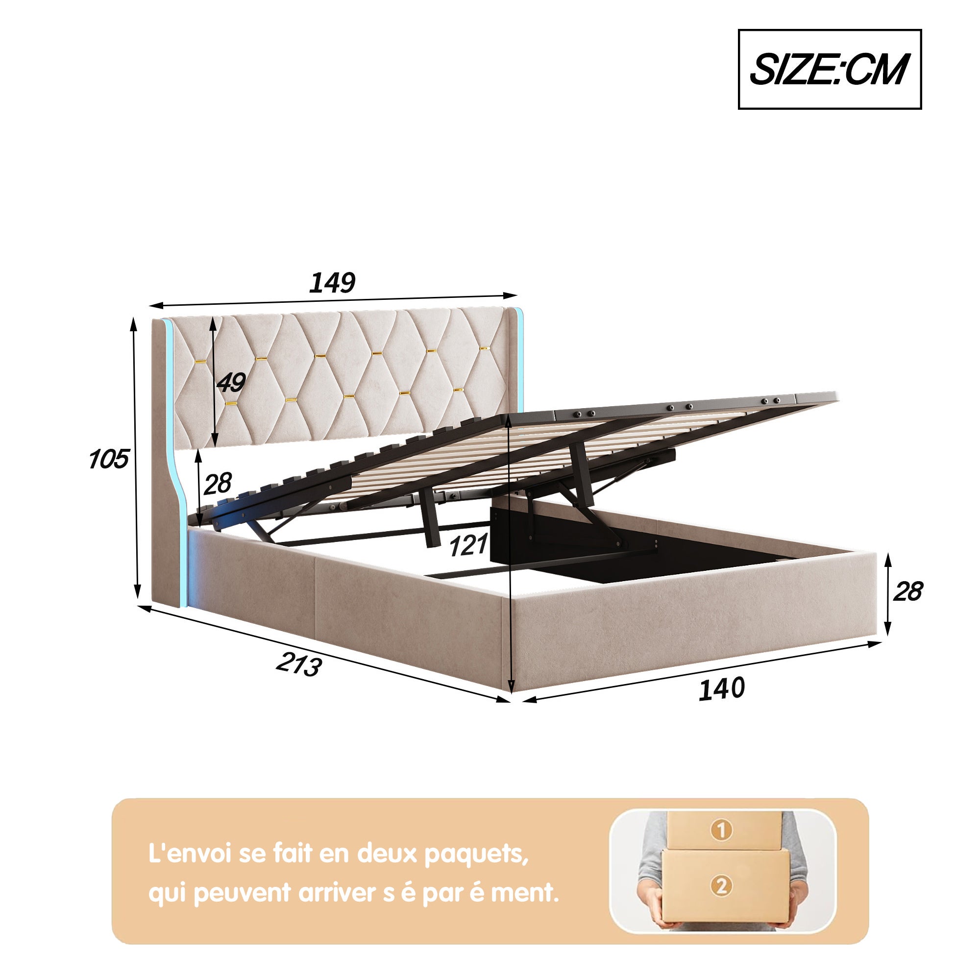Cama Baúl 140x200 cm con Almacenamiento y LED, Cadre de Cama con Sommier de Listones, Tela de Velours - Color Beige - 4